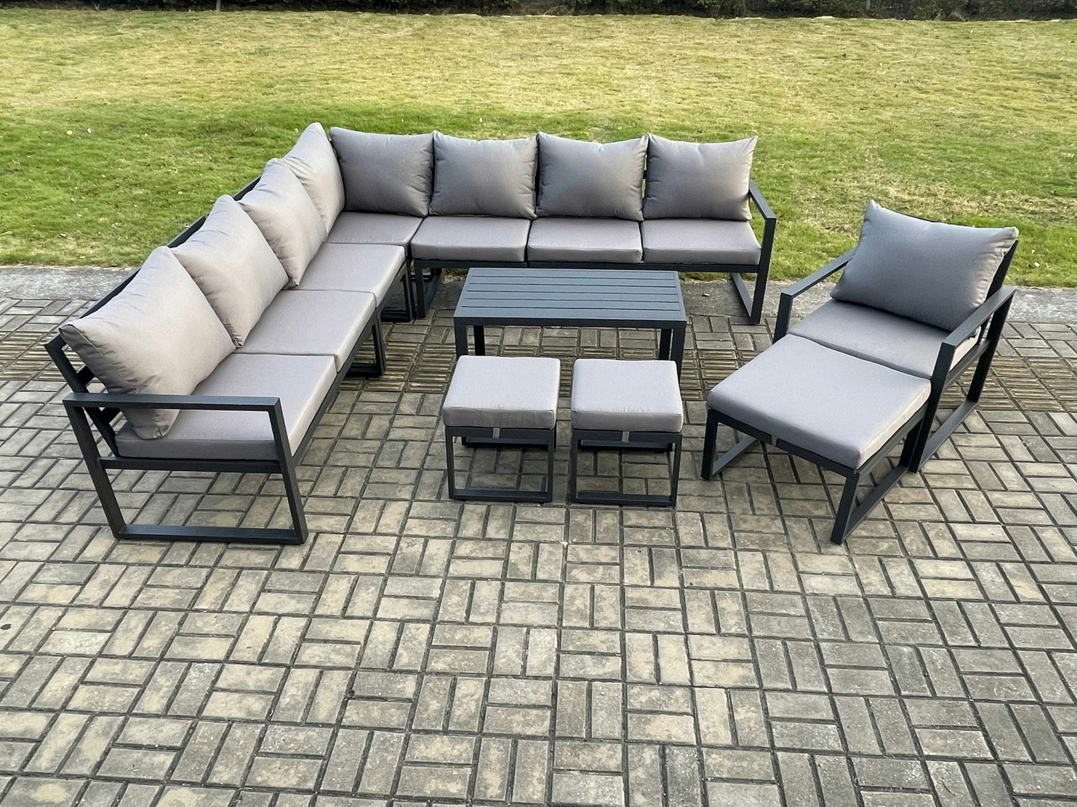 Rackhams Dark/Grey Aluminium Outdoor Garden Furniture Set Lounge Corner Sofa Oblong Coffee Table Chair Sets With 3 Footstools