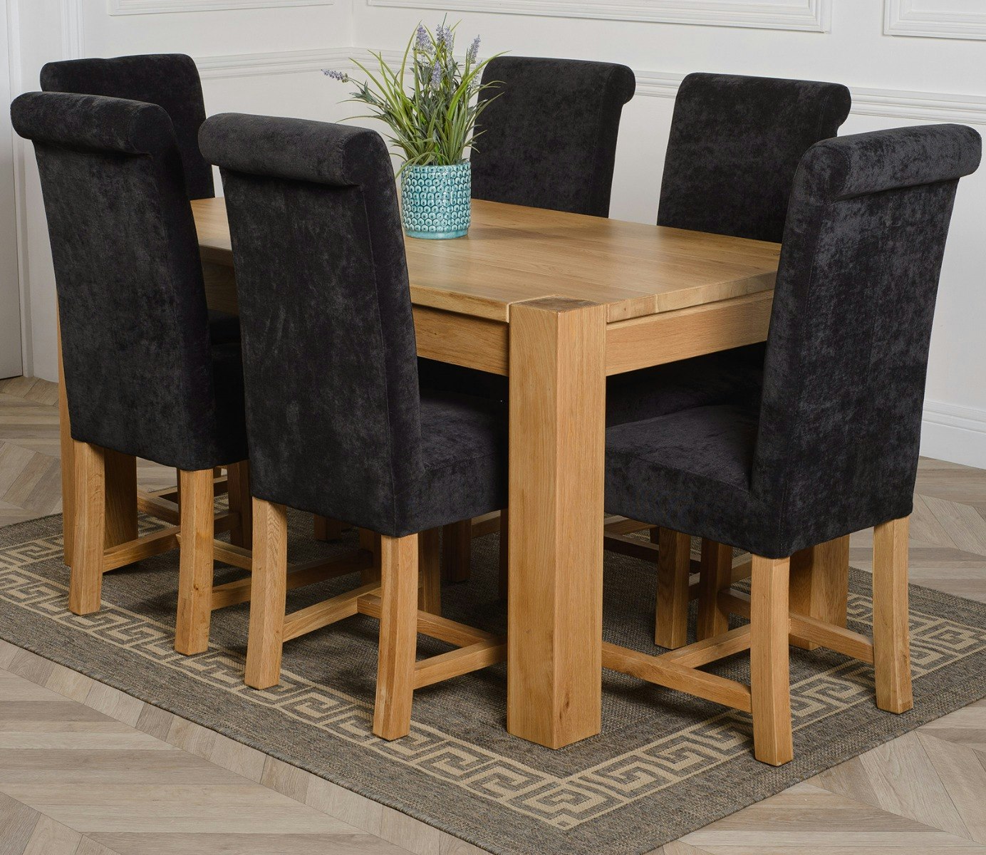 That's Furniture Black Kuba Medium Oak Dining Table With Washington Fabric Chairs - 6 Chairs