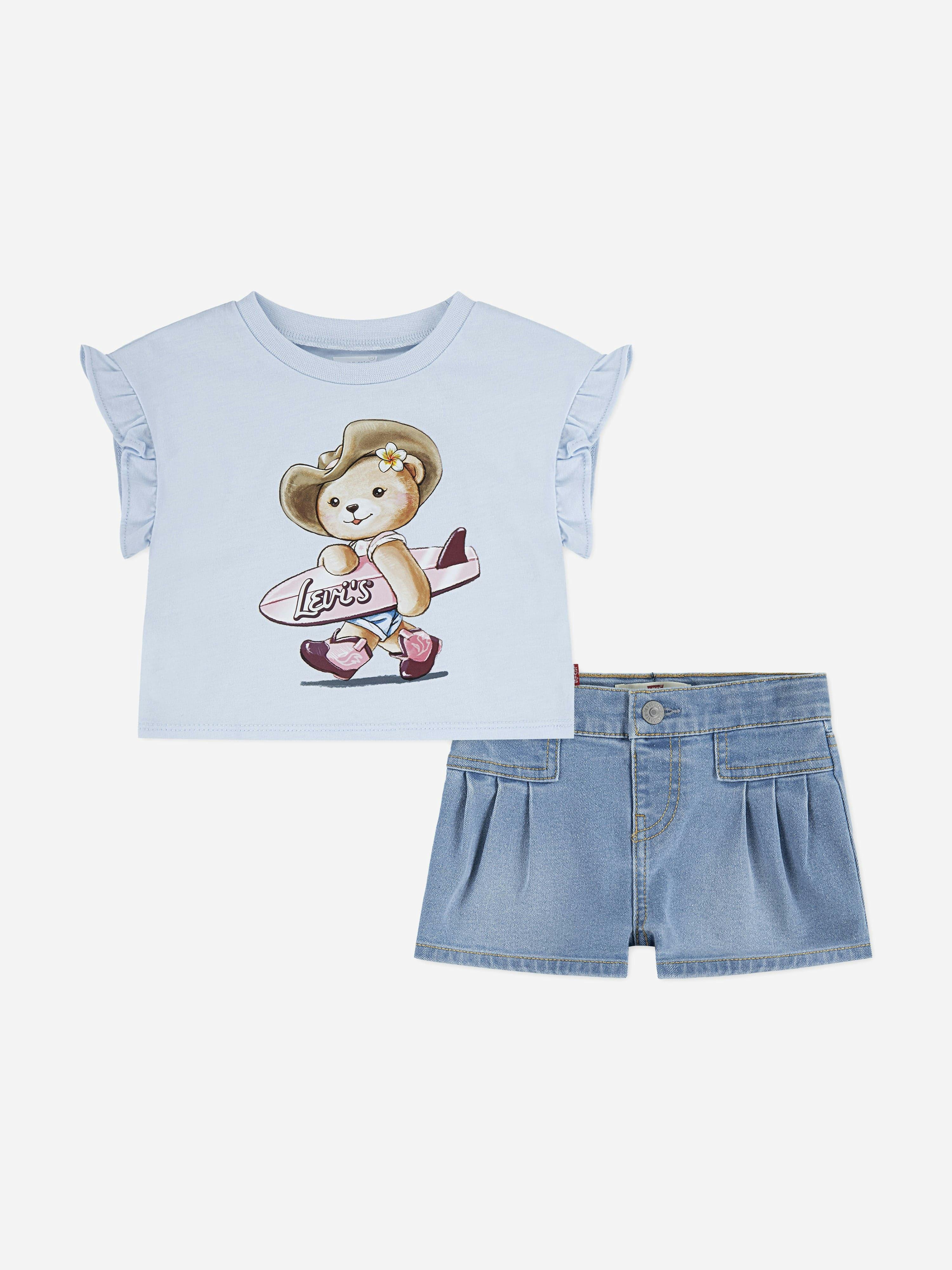 Levi's Kids Wear Girls Blue Levi's Baby T-Shirt And Pleated Short Set In - 36 Mths