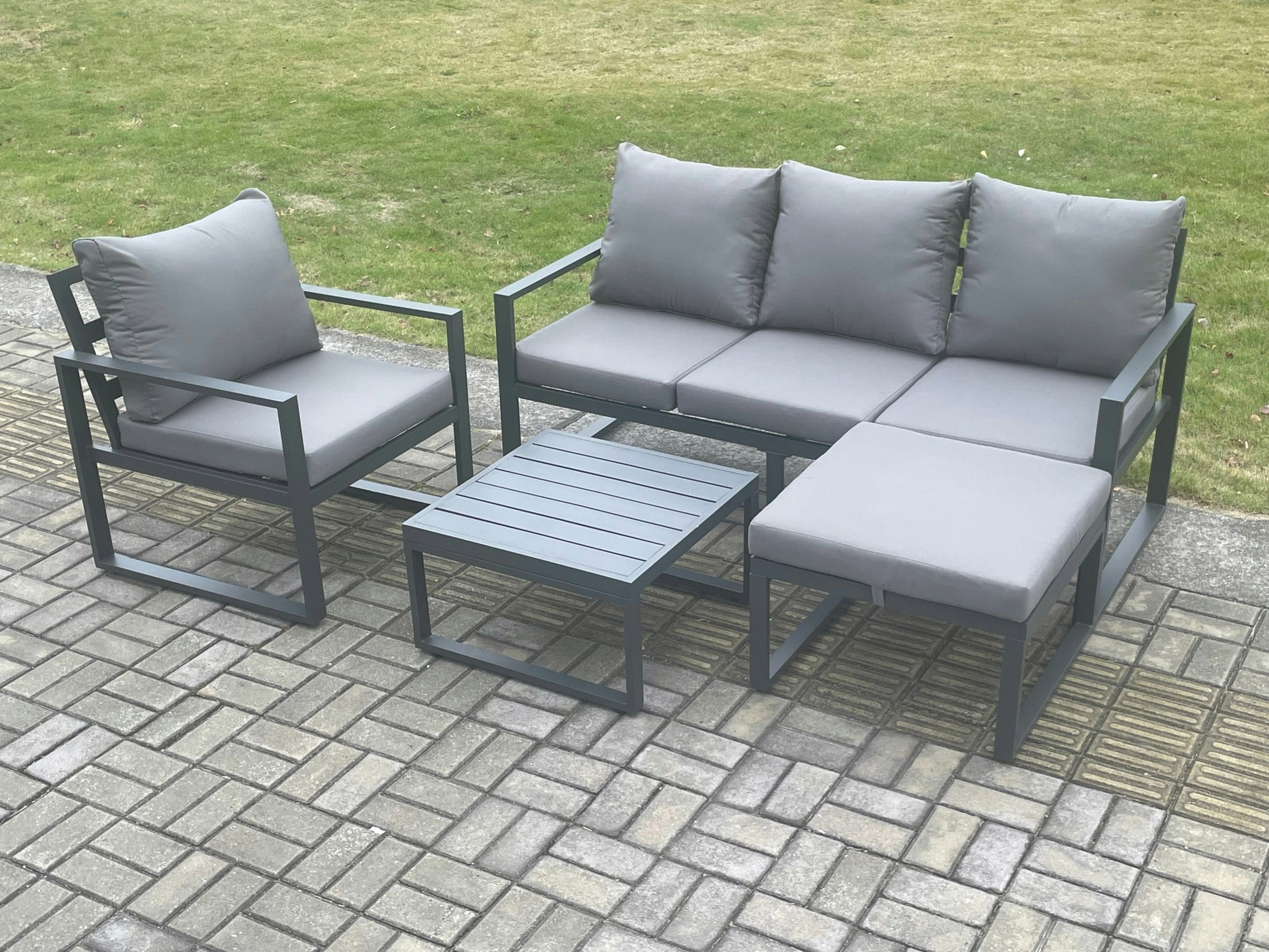 Fimous Dark/Grey Aluminium Outdoor Garden Furniture Set Lounge Sofa Chair Square Coffee Table Sets With Big Footstool