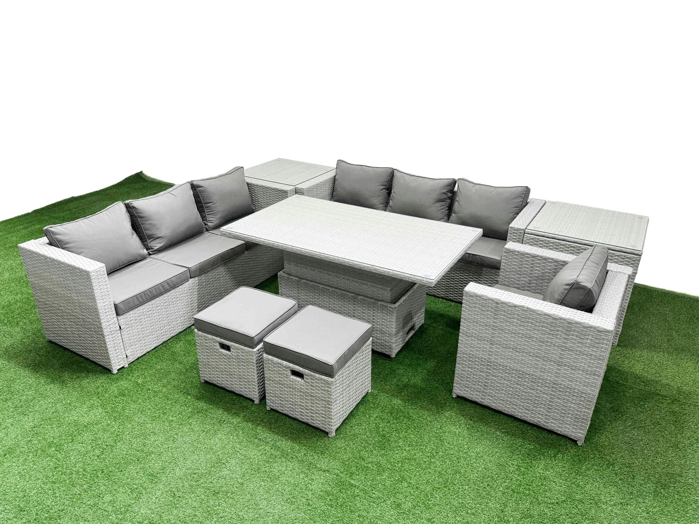 Fimous Light/Grey 8 Pcs Rising Dining Table Set Rattan Furniture Set With 3 Seater Sofa Chair 2 Small Footstools 2 Side Tables