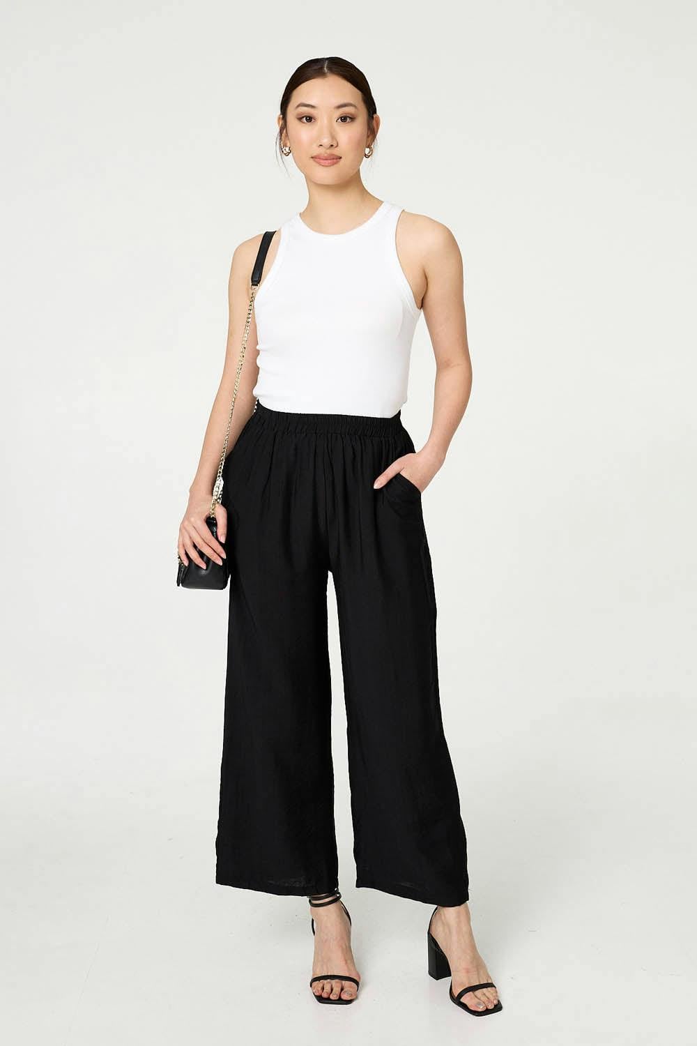 Izabel London Black Elasticated High Waist Wide Leg Trousers - 10