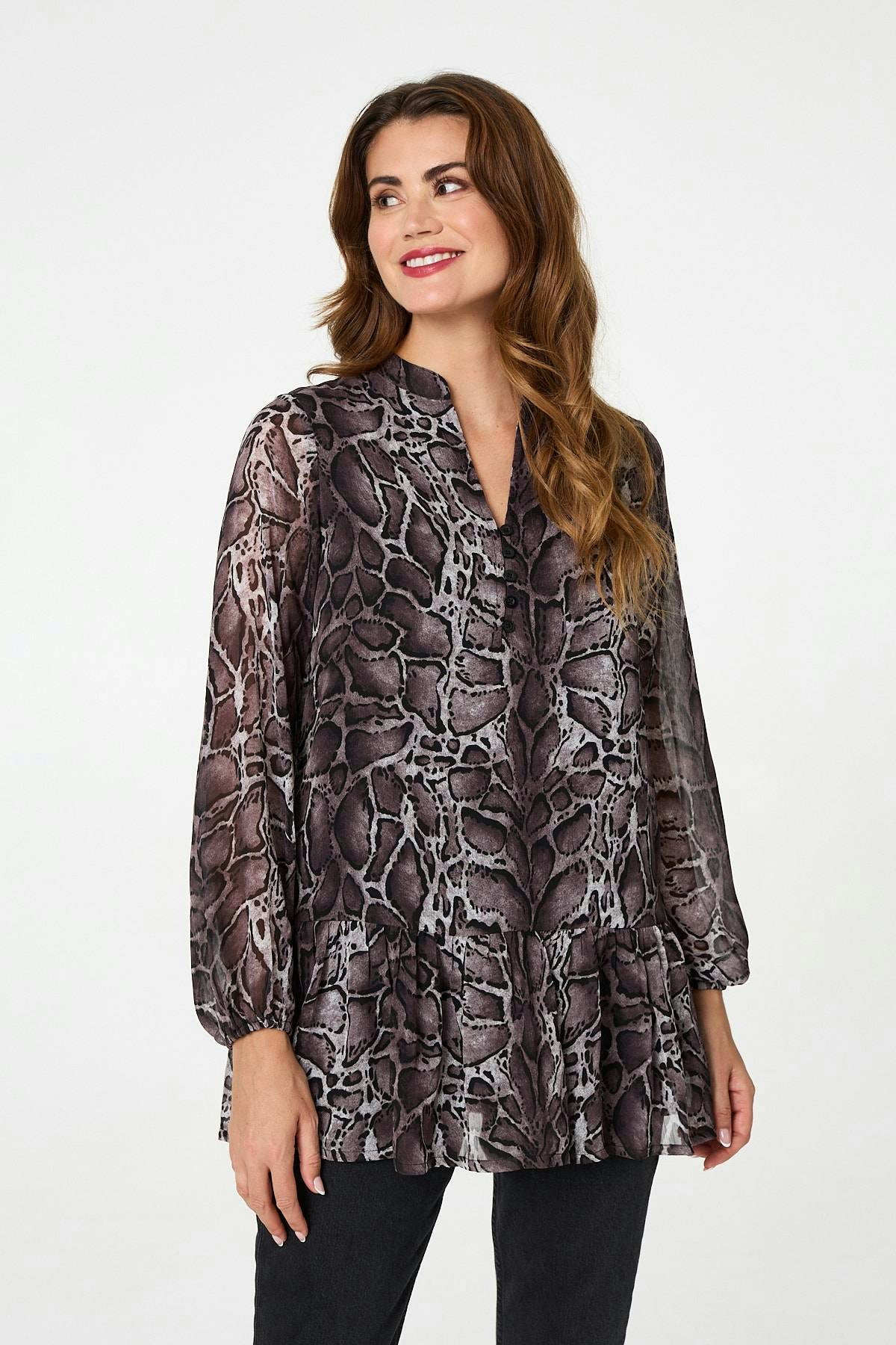 Izabel London Black Printed Long Sleeve Frilled Tunic Shirt - 14