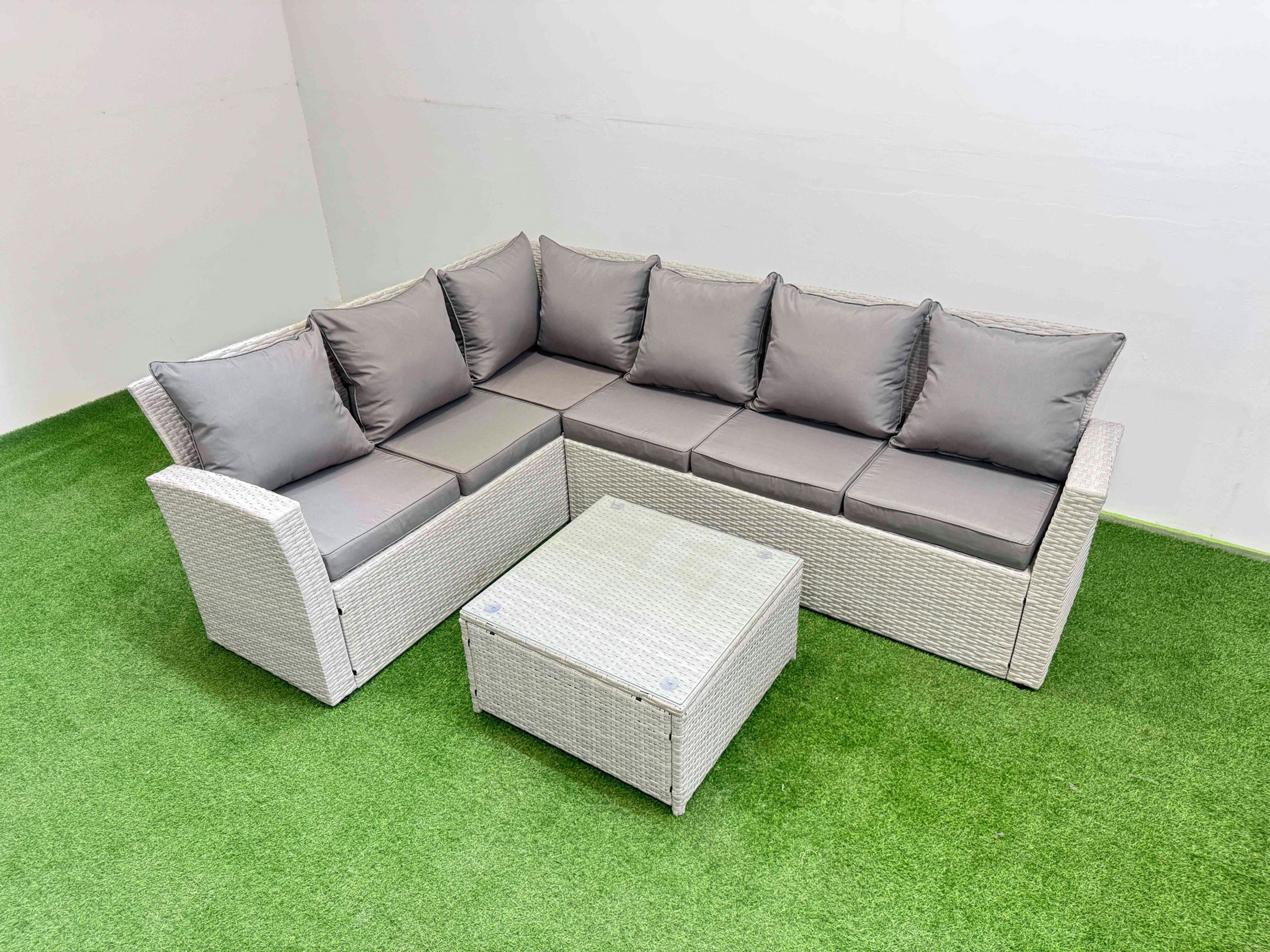 Rackhams Light/Grey Outdoor Rattan Garden Furniture Set 6 Seater Corner Sofa Sets With Square Coffee Table Mixed