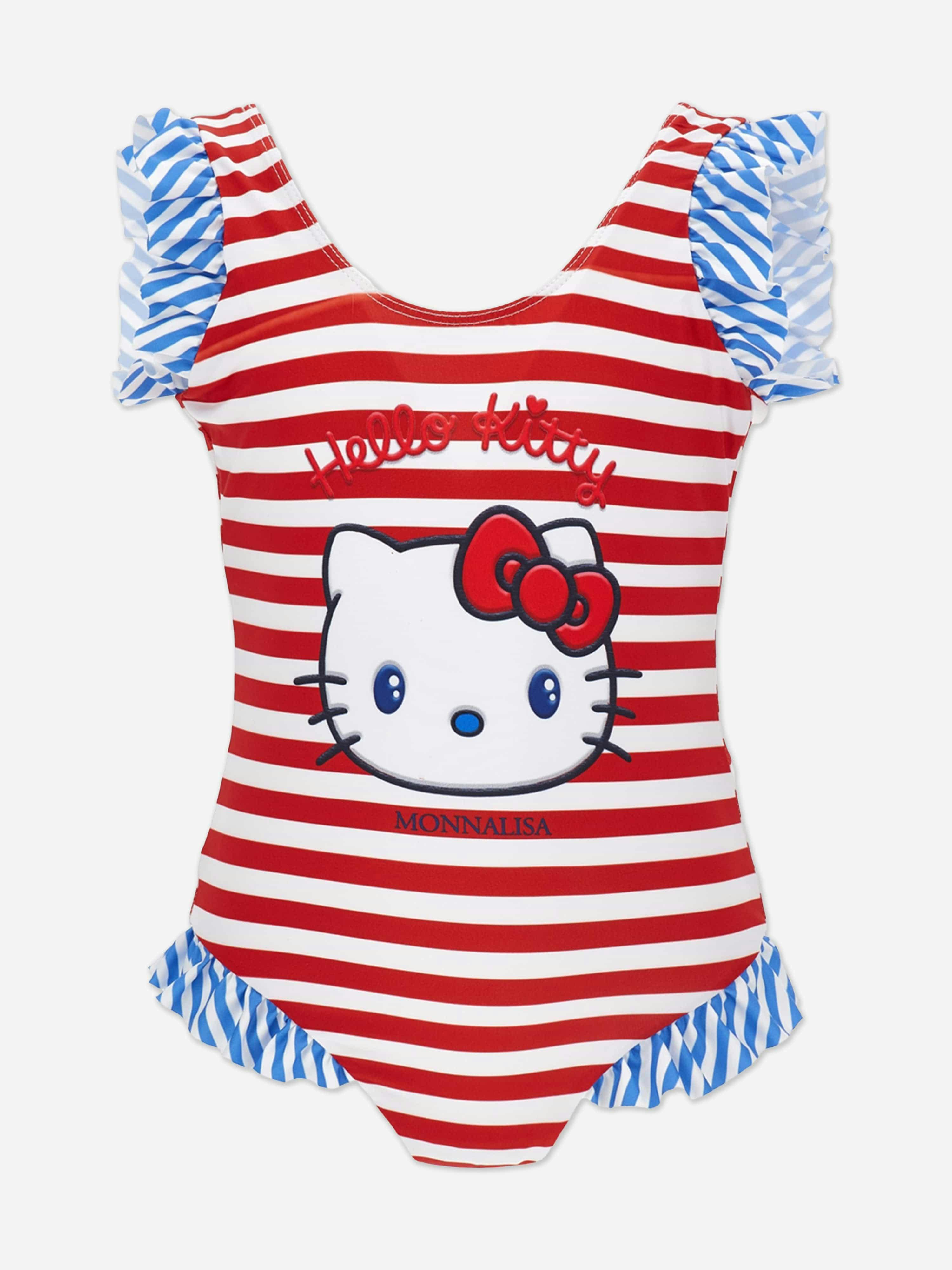 Monnalisa Girls Red Striped Hello Kitty Swimsuit In - 12 Yrs