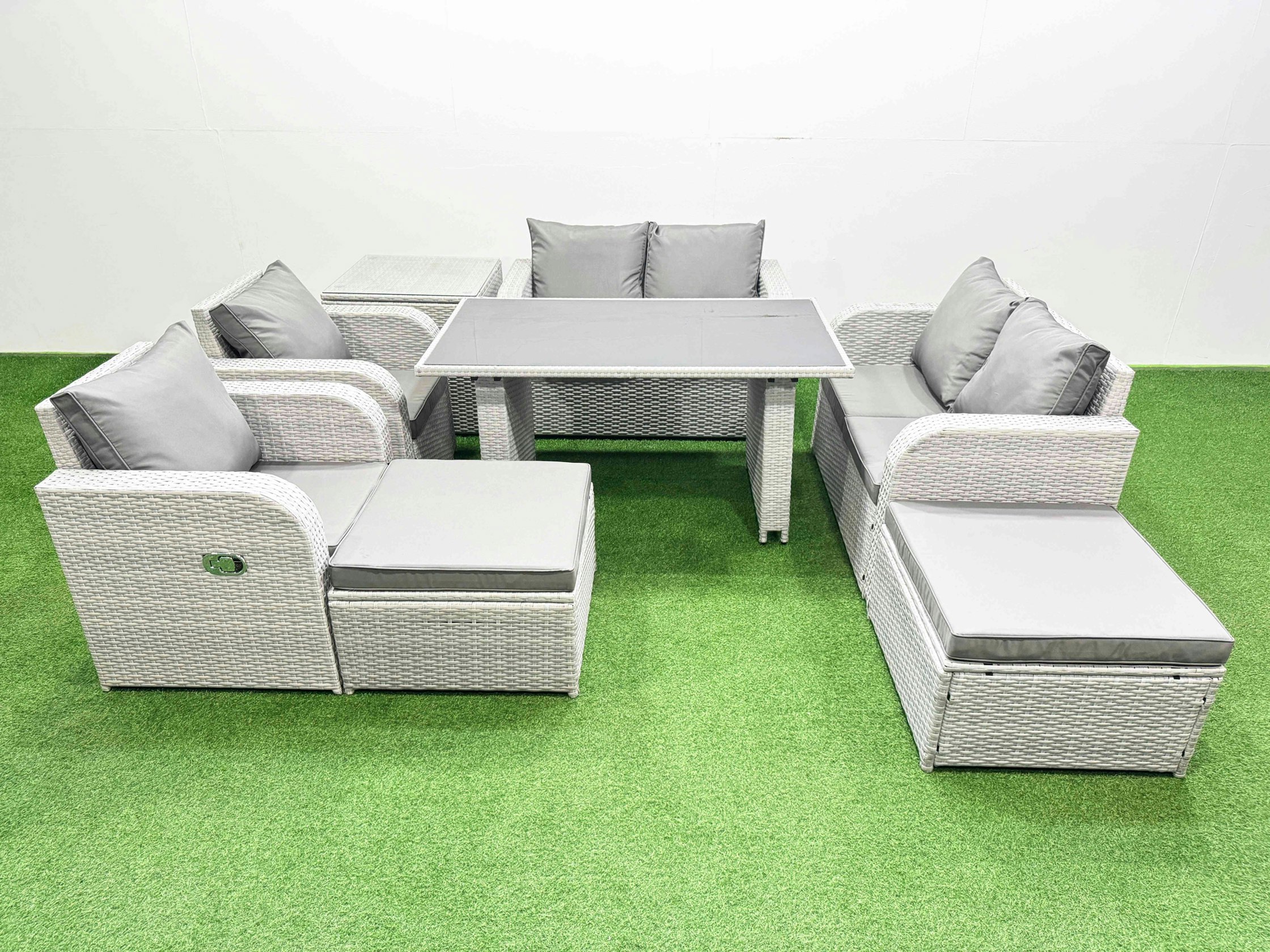 Rackhams Light/Grey 8 Pieces Outdoor Pe Rattan Sofa Reclining Chair Set Patio Garden Furniture Sets With Cushions Side Table 2 Big Stools