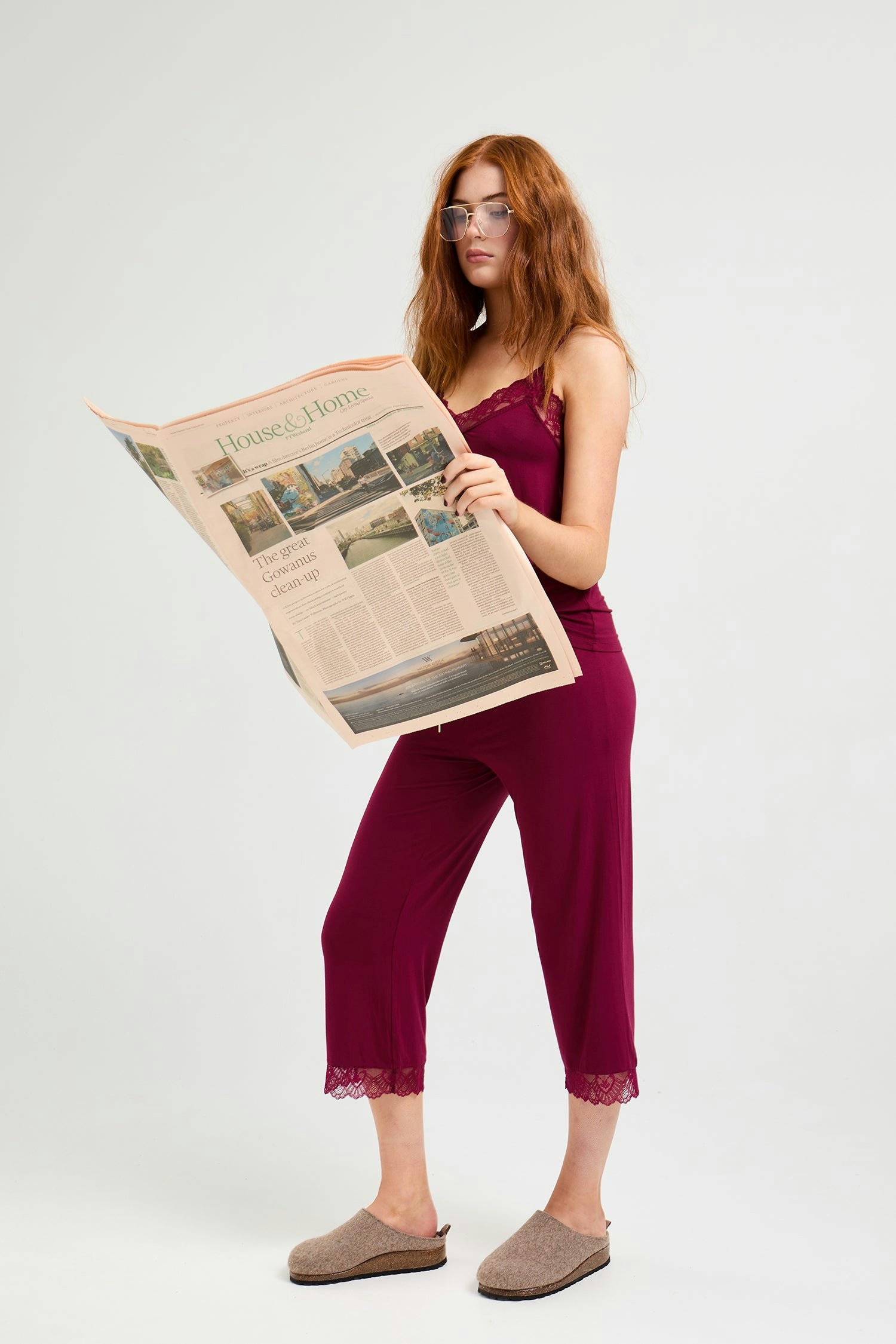 Pretty You London Women's Bordeaux Bamboo Lace Cami Cropped Trouser Pyjama Set In - Uk 18