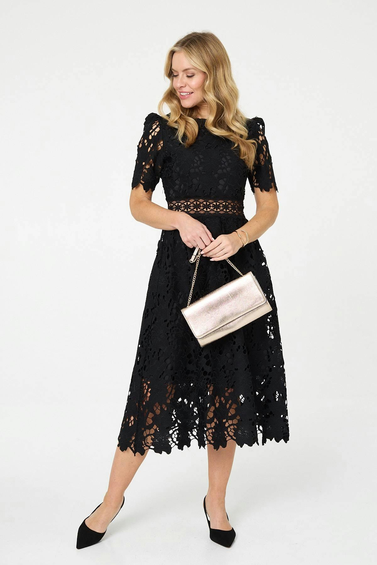 Izabel London Black Semi Sheer Lace Layer Midi Dress - 8