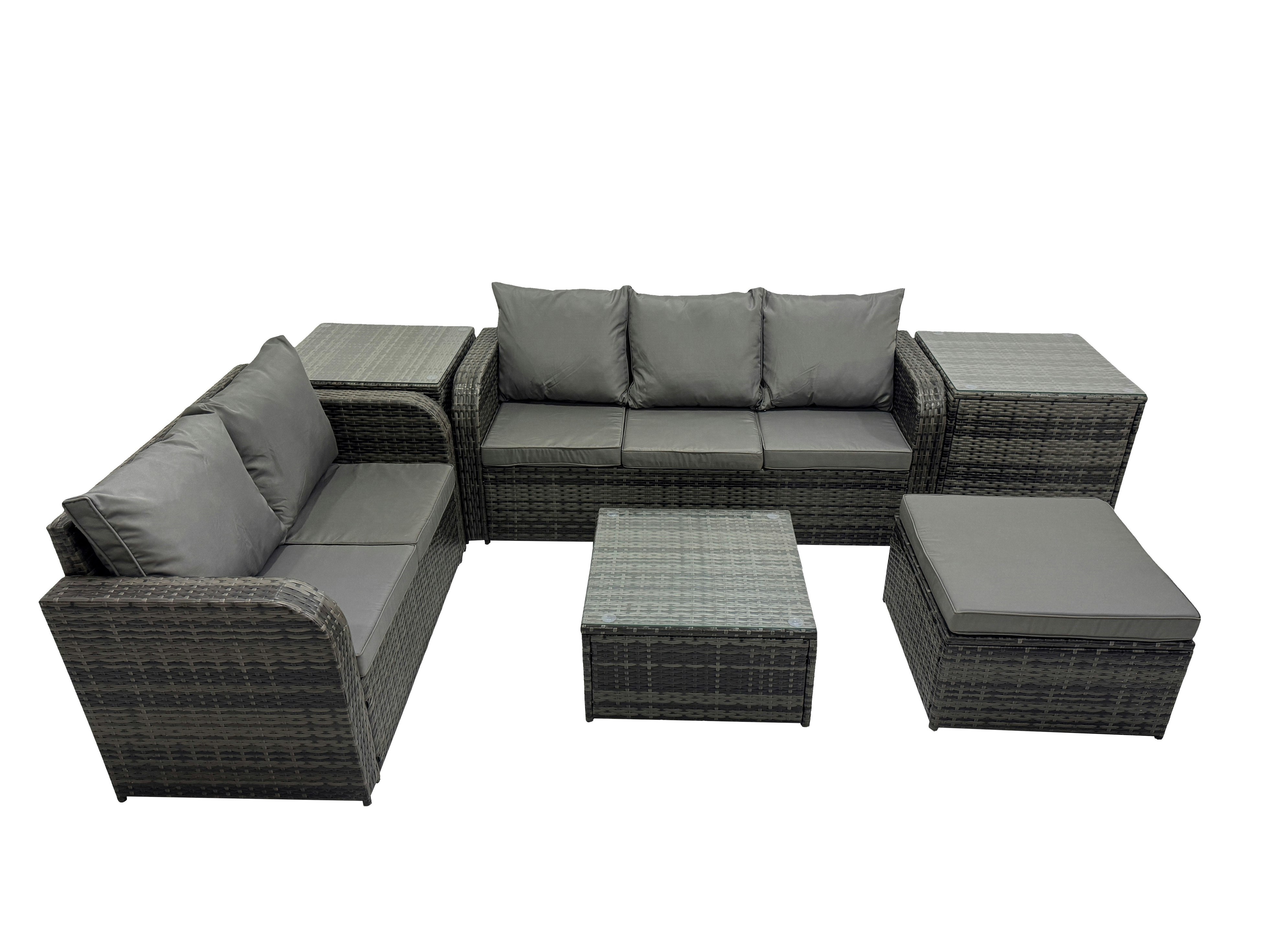 Rackhams Dark/Grey Wicker Pe Rattan Garden Outdoor Furniture Set Love Sofa Square Coffee Table Set With Big Stool 2 Side Tables Mixed