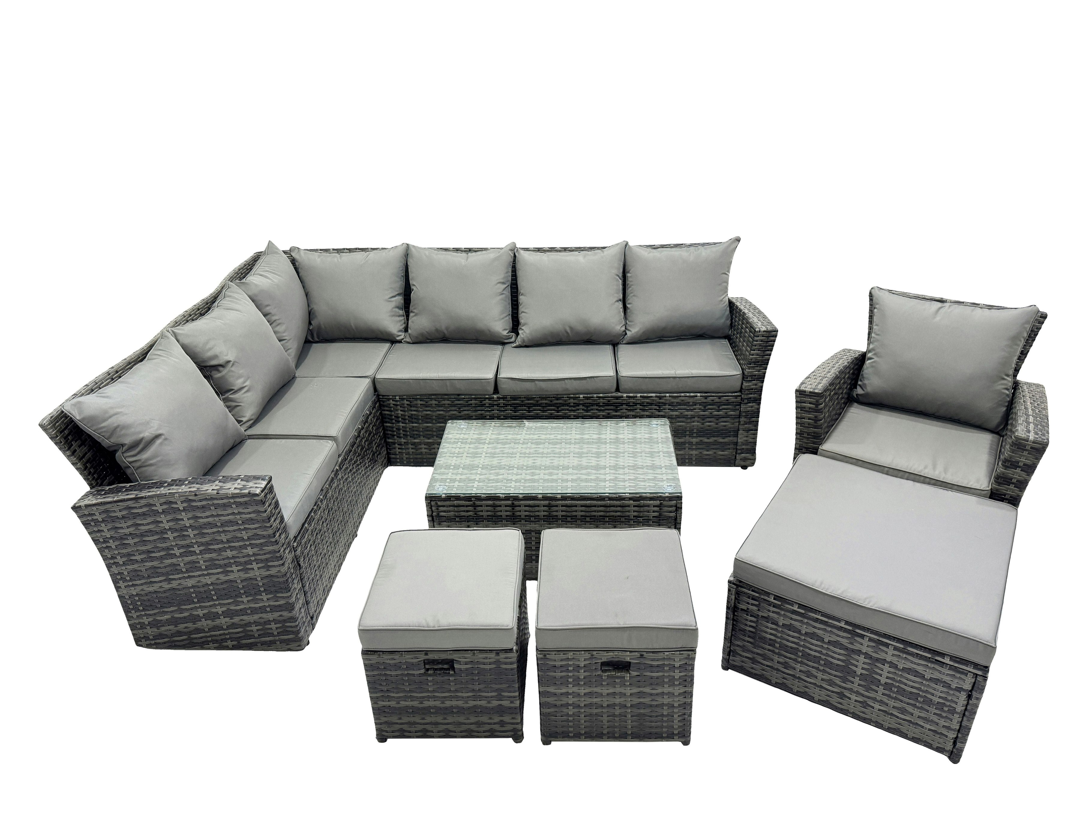 Fimous Dark/Grey 10 Seat Rattan High Back Corner Sofa Set Patio Coffee Table Sets With 3 Stools Chair Mixed