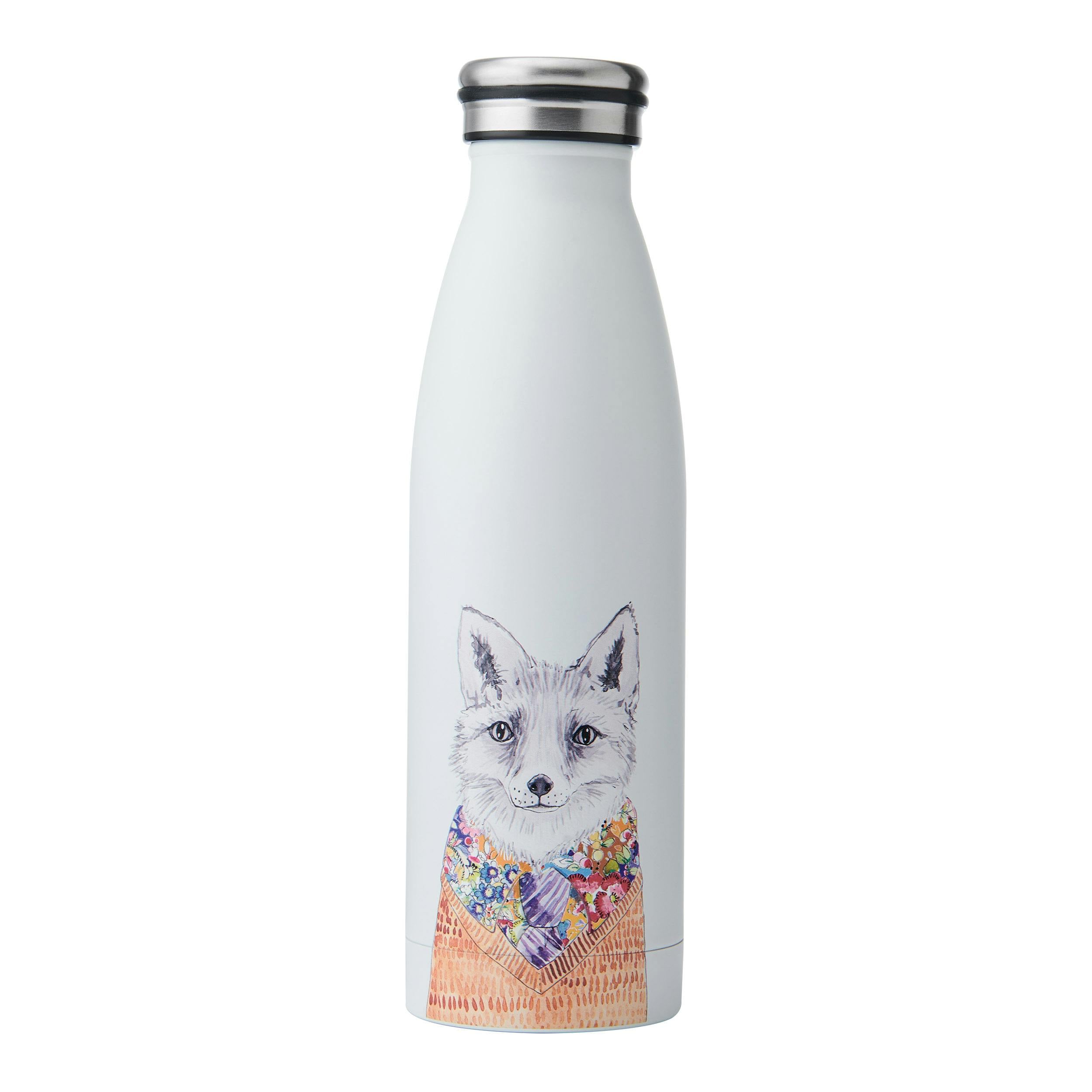 Rackhams White Tipperleyhill Fox Print Water Bottle, Insulated Travel Bottle, 500Ml - Stainless Steel - Water Bottle