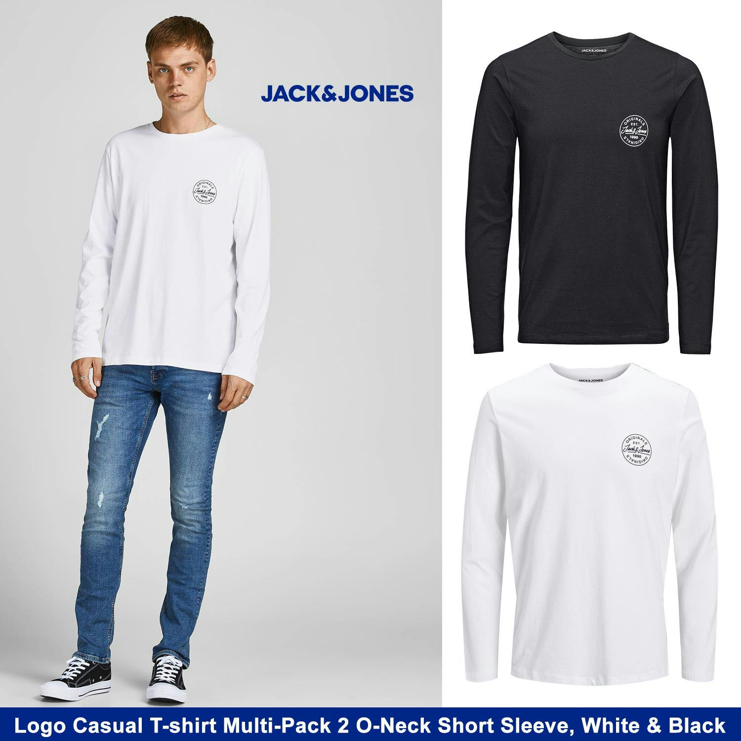 Jack & Jones Men's White/Black Logo Casual T-Shirt Multi-Pack 2 O-Neck Short Sleeve, & - Xxl