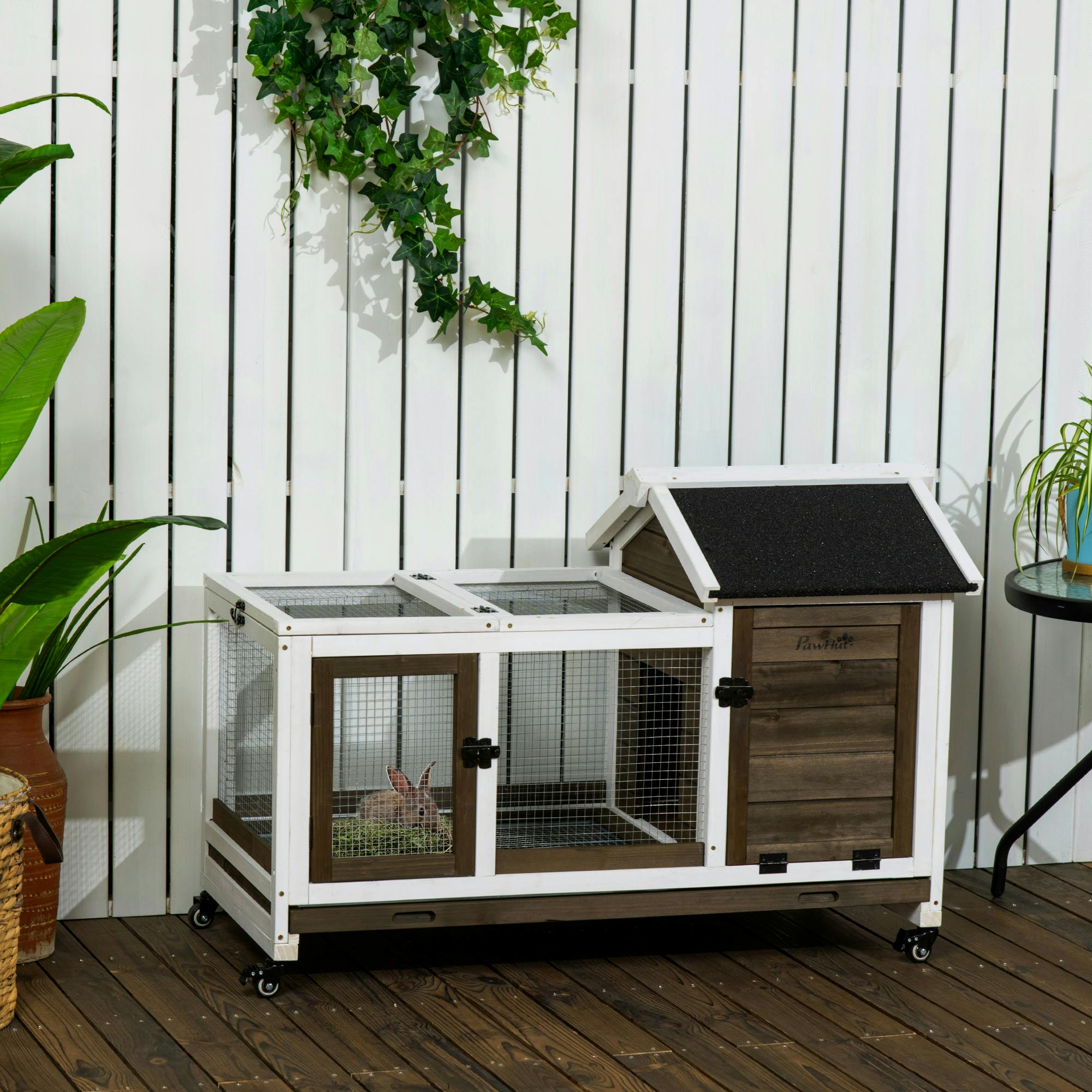 PAWHUT Wooden Rabbit Hutch, Small Animal House w/ Wheels, Removable Tray in Brown - Image 4