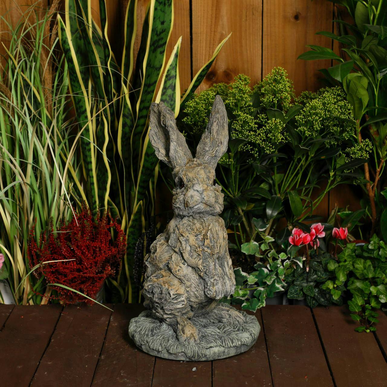 Osn Oak Hare Statue Rustic Stone Cast Garden Ornament