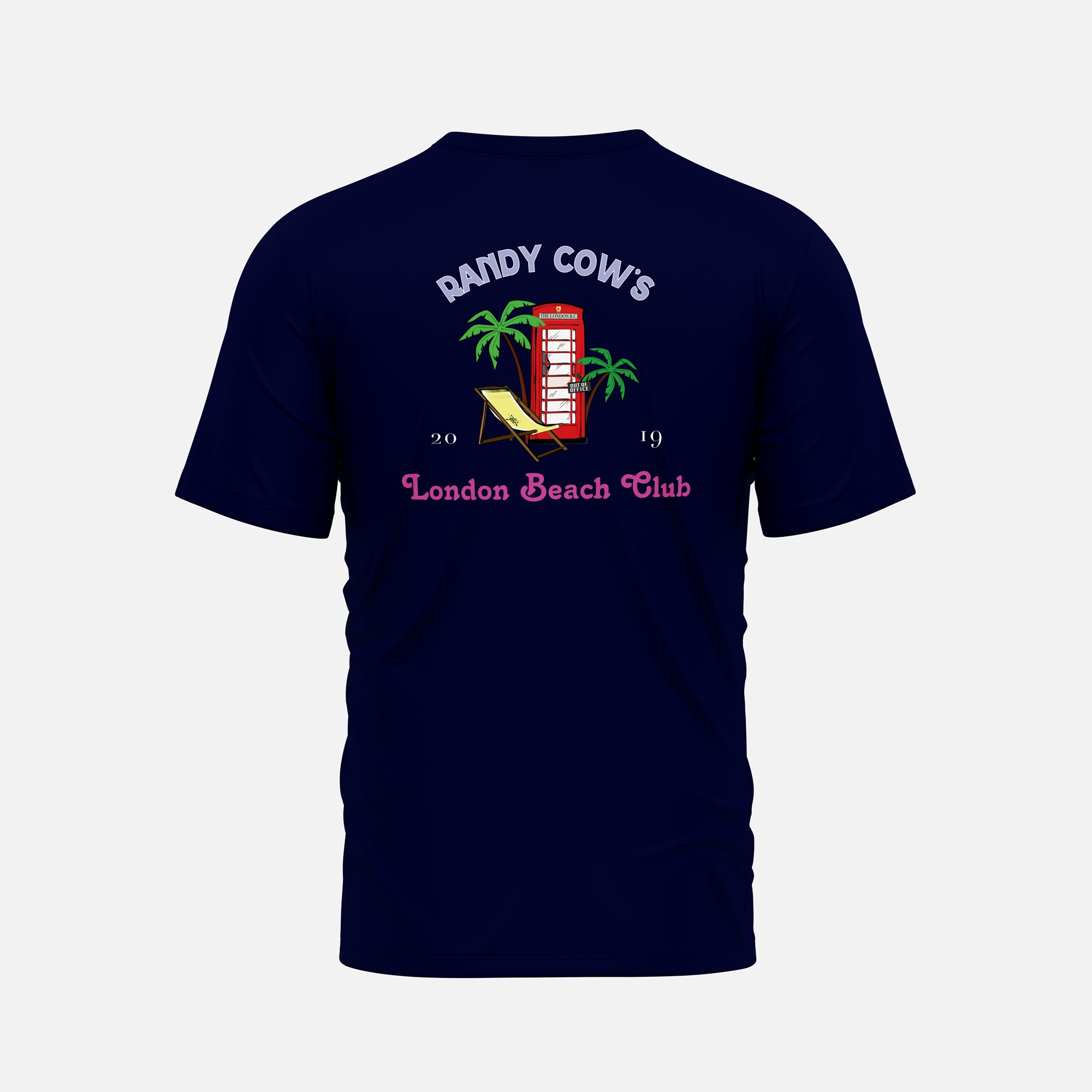 Randy Cow Red London Beach Club Phone Box - Navy Organic Cotton T-Shirt - 4 - With Back Graphic