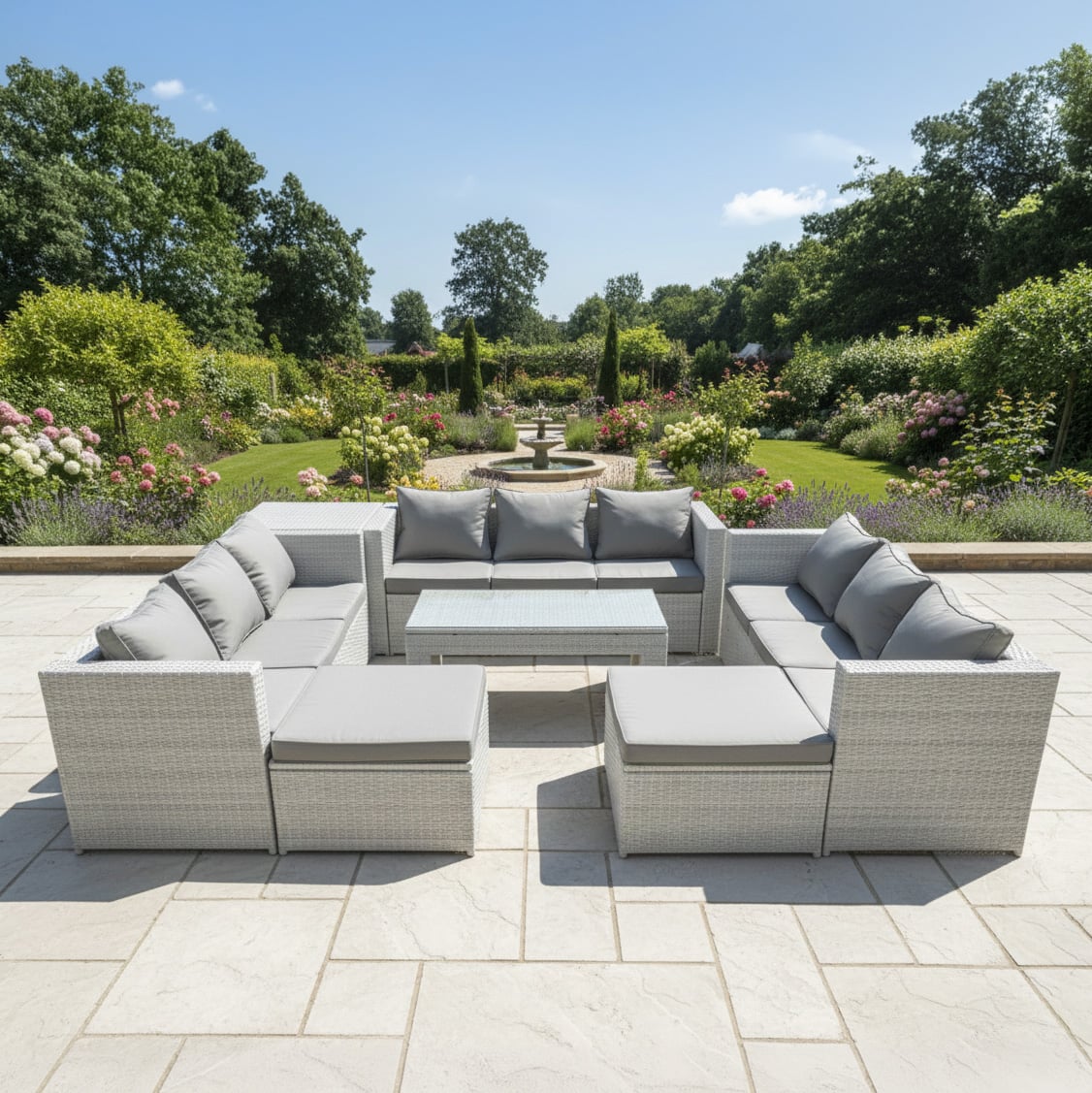 Fimous Light/Grey 11 Seater Rattan Garden Furniture Set With 3 Sofas, Coffee Table, 2 Side Tables And 2 Large Footstools