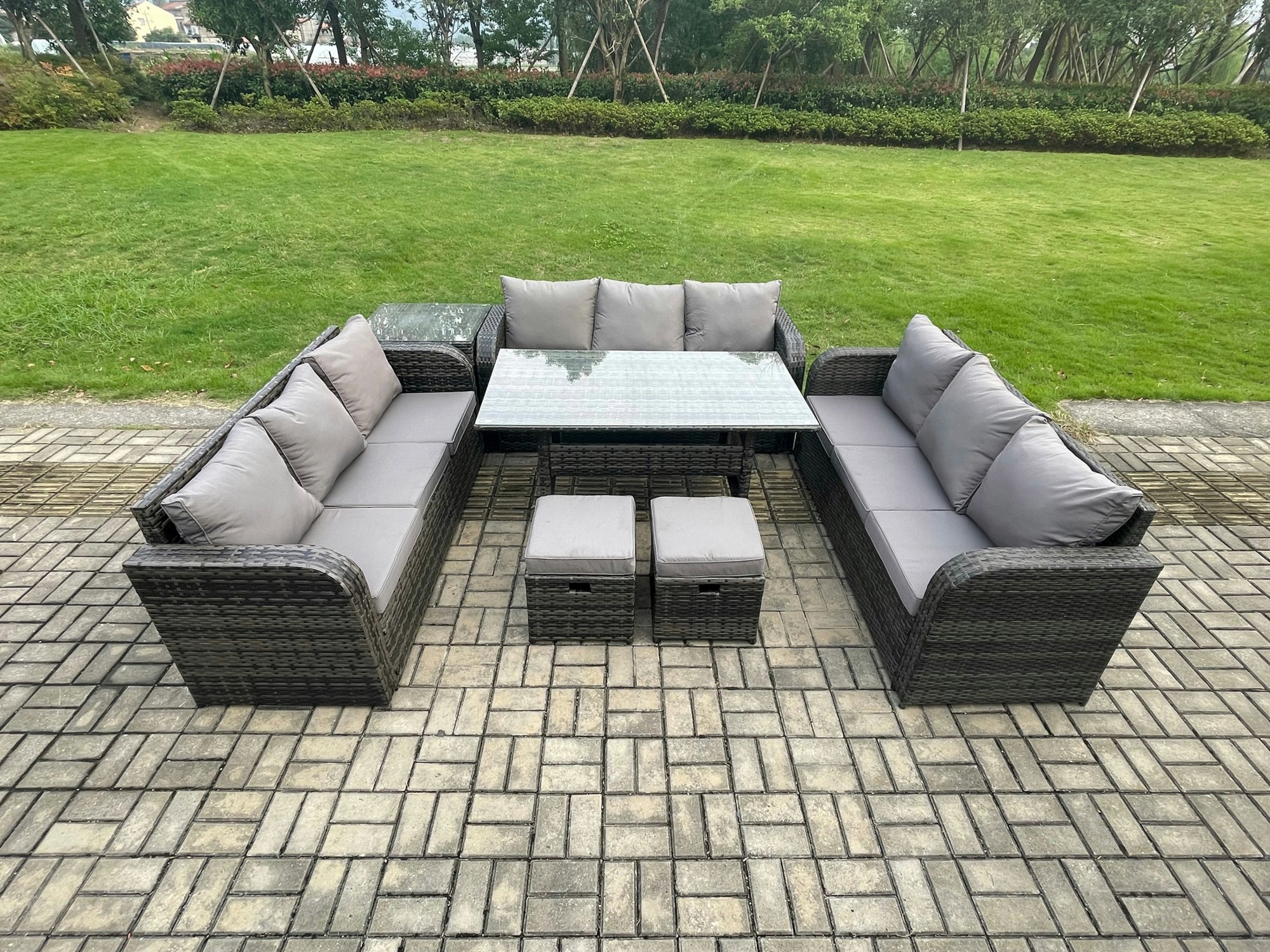 Fimous Dark/Grey 11-Seater Rattan Outdoor Lounge Set | Oblong Rectangular Dining Table, 2 Footstools, Side Table