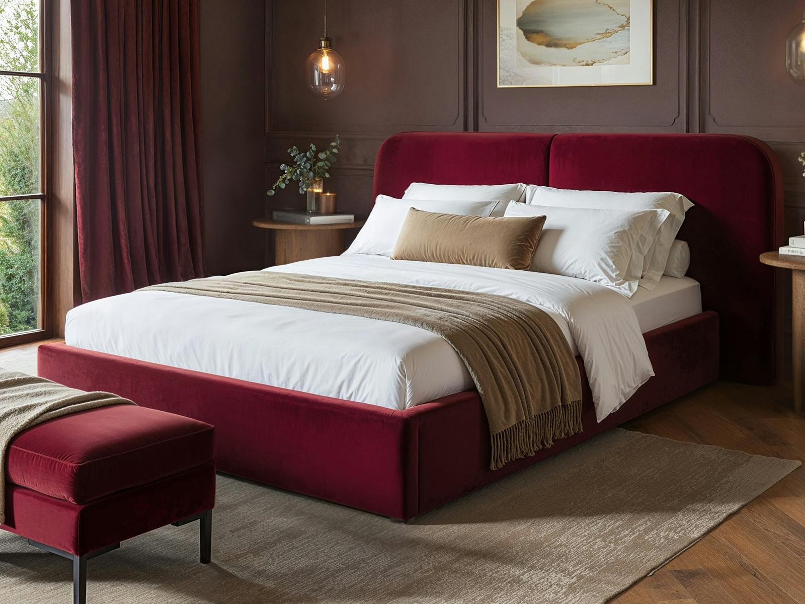Solace+Co Unisex Burgundy Lena Velvet Ottoman Bed | : King - Image 2