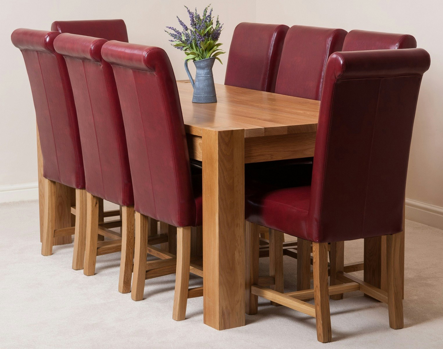 That's Furniture Burgundy Kuba Oak Dining Table With Washington Leather Chairs - 8 Chairs Large