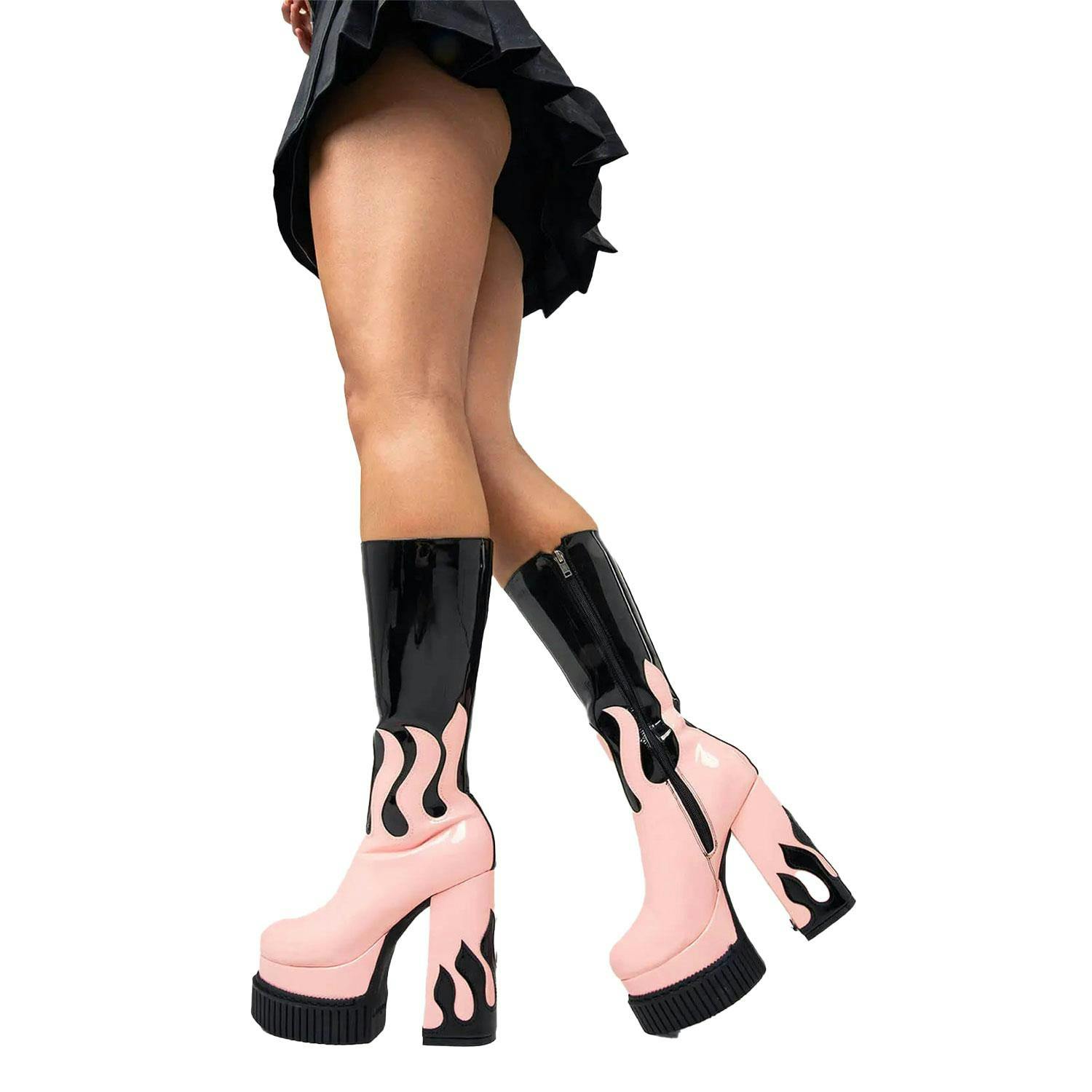Lamoda Women's Black/Pink Ignite Platform Calf Boots Chunky Gothic Festival Uk3 Shoes - Uk3