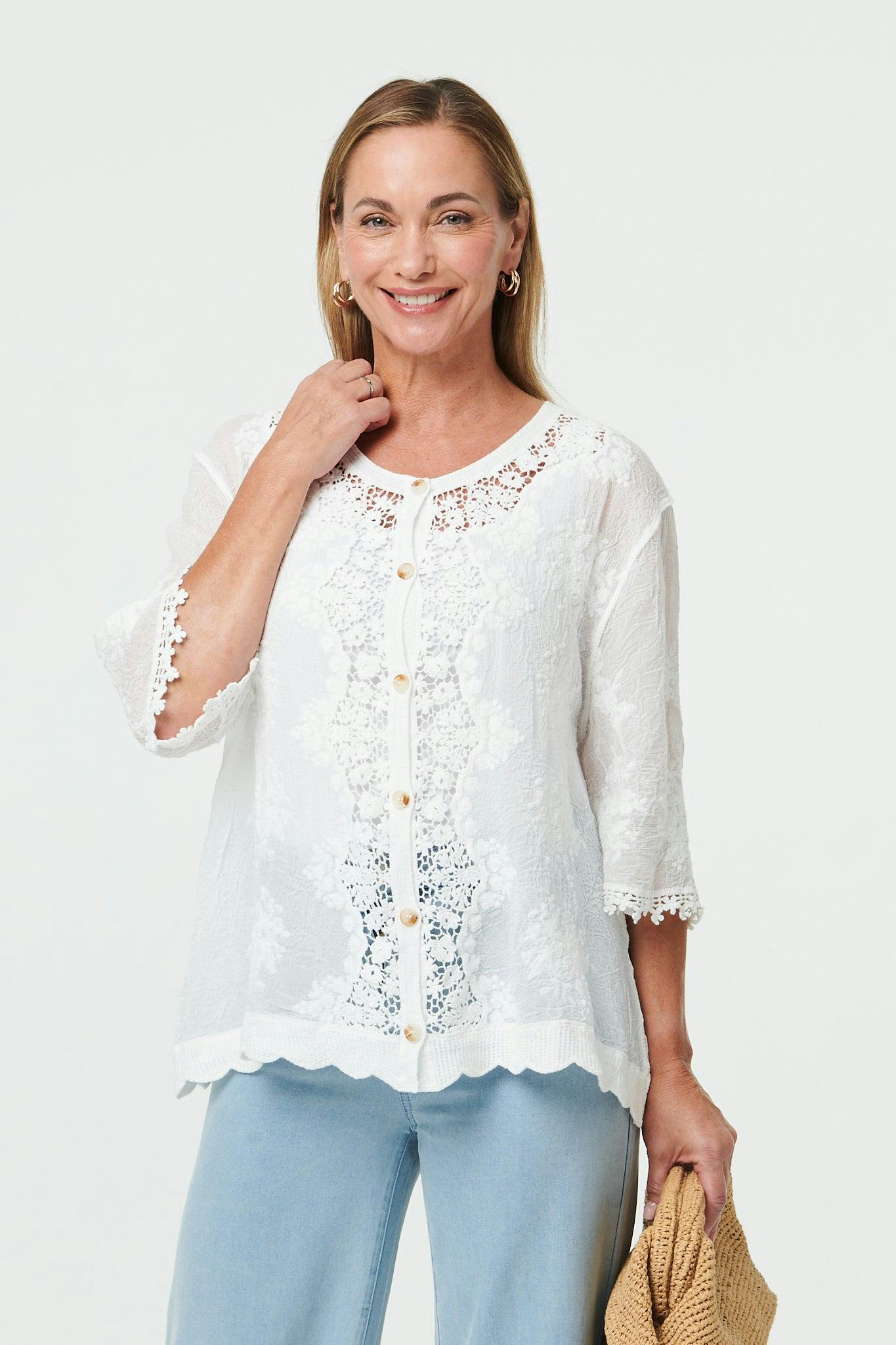 Izabel London White Lace Sheer Texture 3/4 Sleeve Blouse - S/M