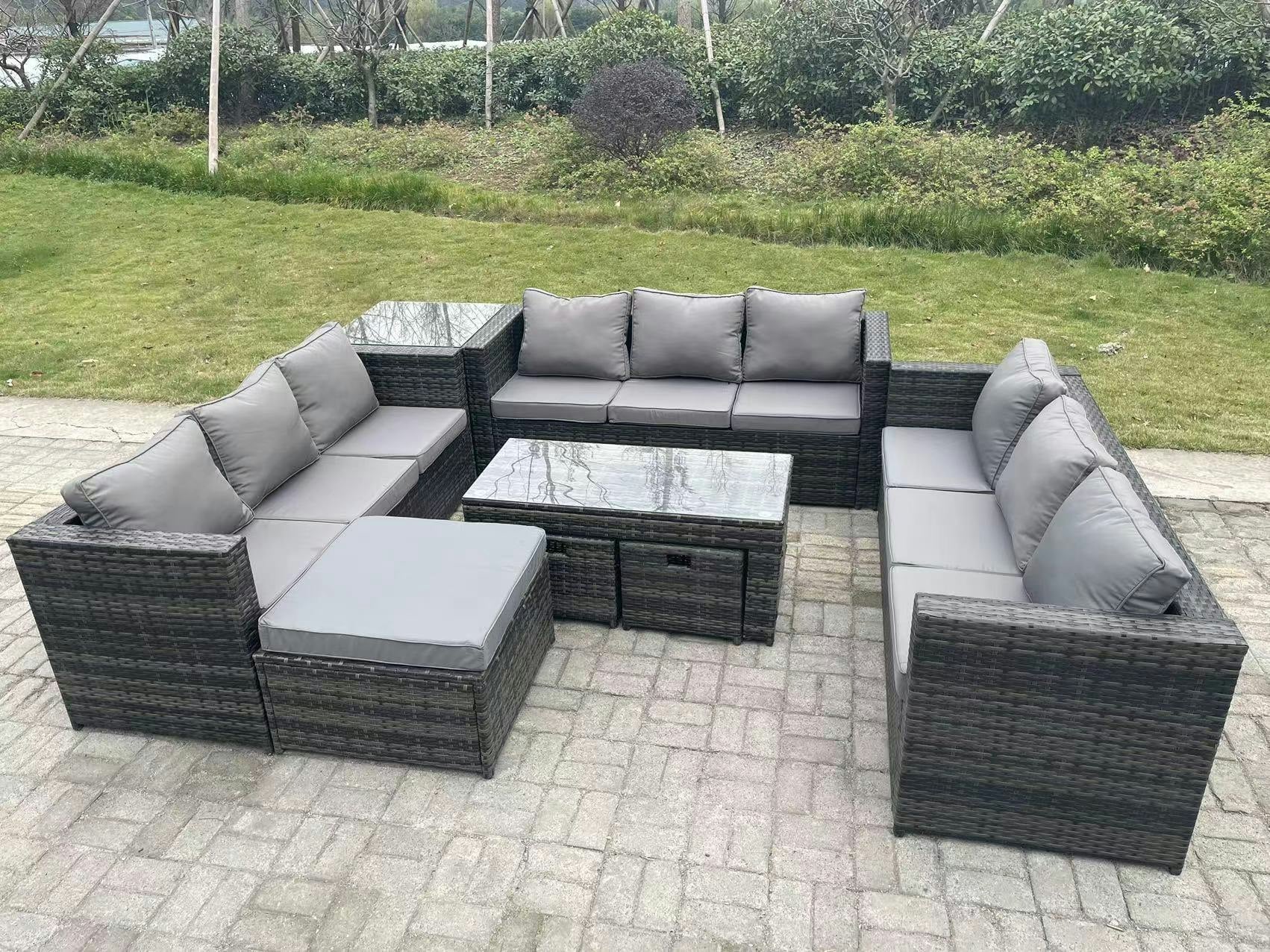Rackhams Dark/Grey Outdoor Rattan Garden Furniture Lounge Sofa Set With Oblong Rectagular Coffee Table Big Footstool And 2 Small Stools Side Table