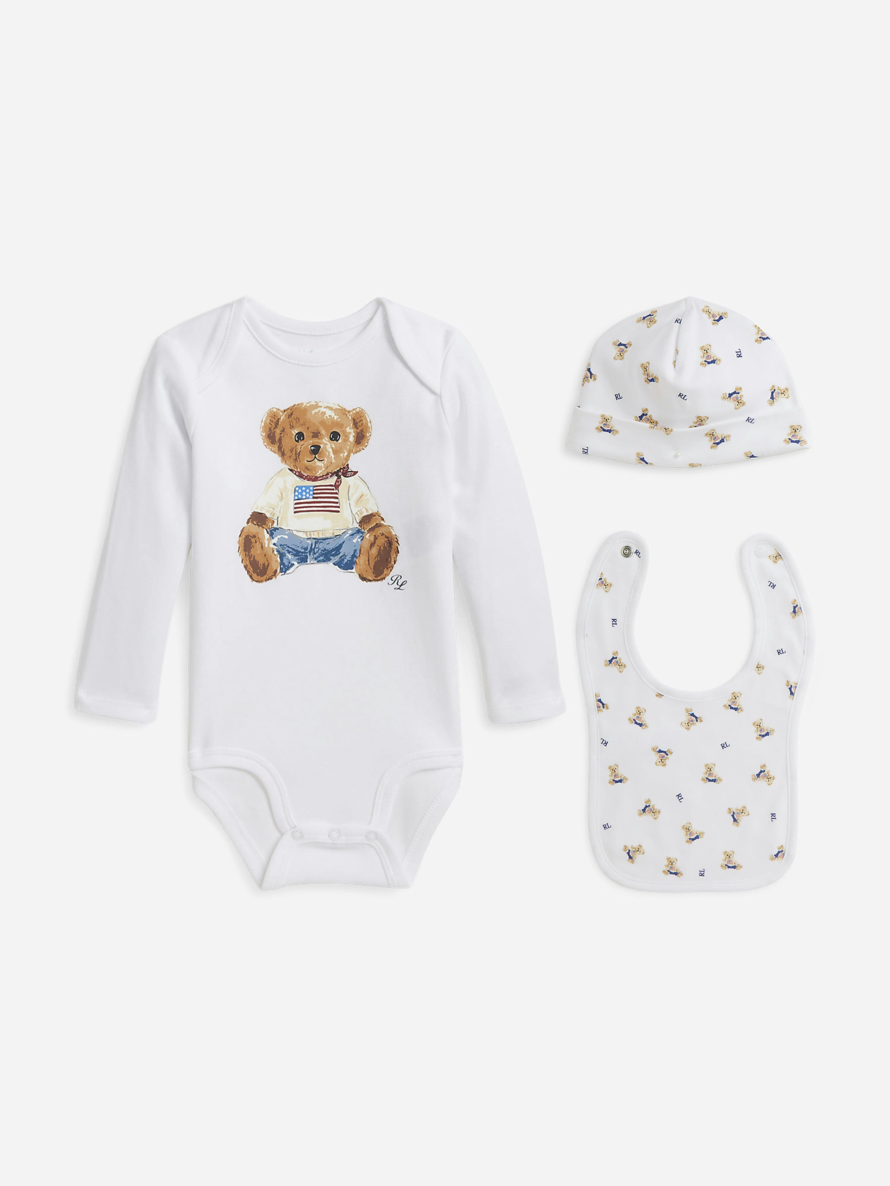 Ralph Lauren Kids Boys White Ralph Lauren Baby Bear Bodysuit Set In - 9 Mths