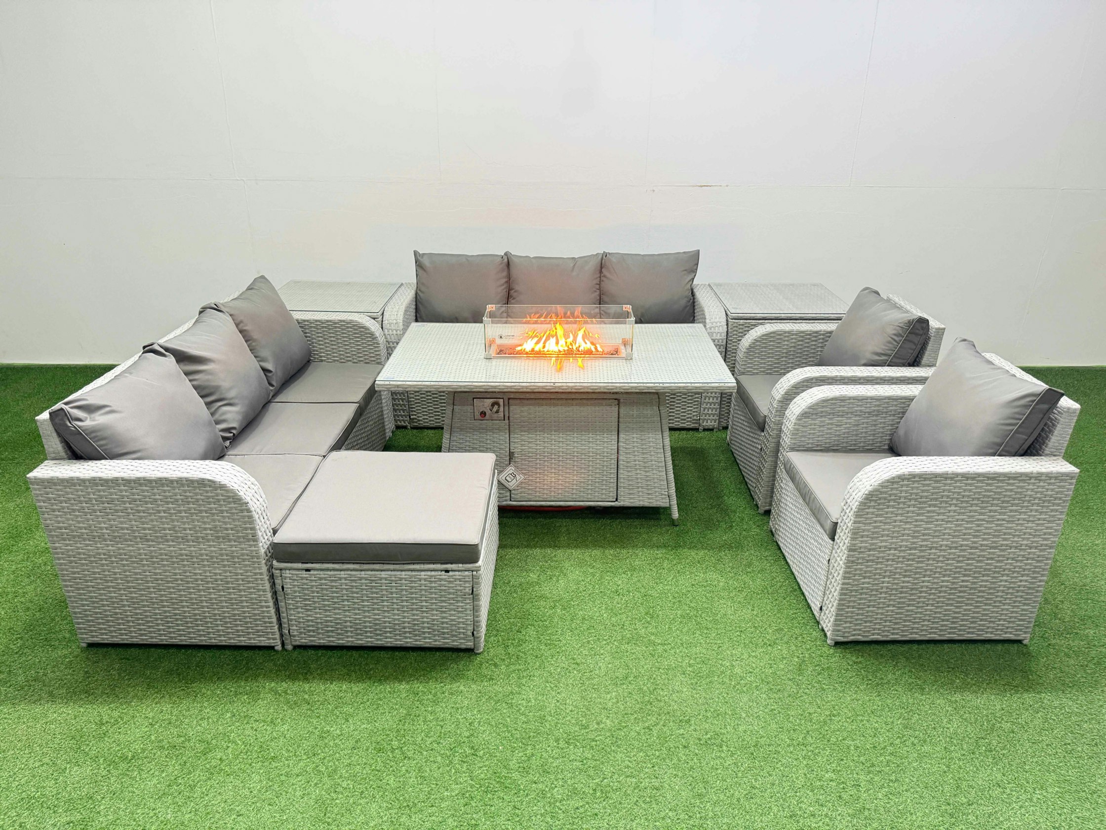 Fimous Light/Grey Rattan High Back Lounge Sofa Set Fire Pit Dining Table & Chairs Set With 3 Seater Sofa Reclining Chair Big Footstool 2 Side Table