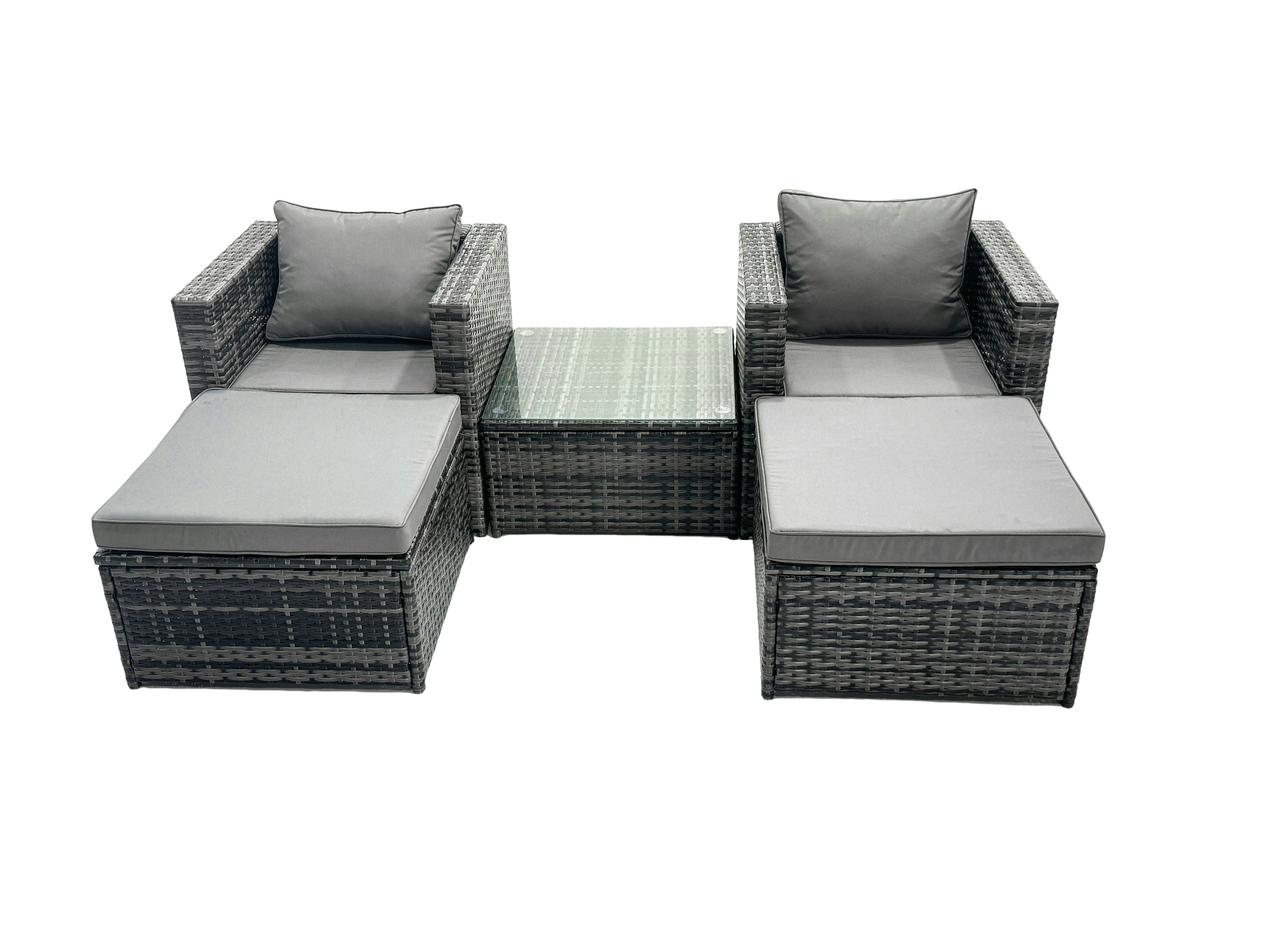 Fimous Dark/Grey Outdoor Rattan Garden Furniture Set 4 Seater Patio Lounge Set With Armchair Square Coffee Table 2 Big Footstools Mixed