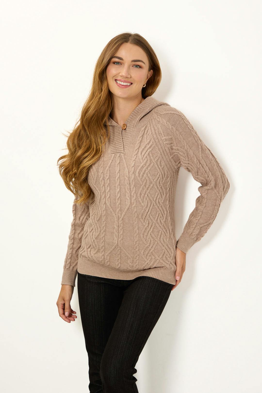 Mudflower Cable-Knit Hooded Jumper - Camel - 16