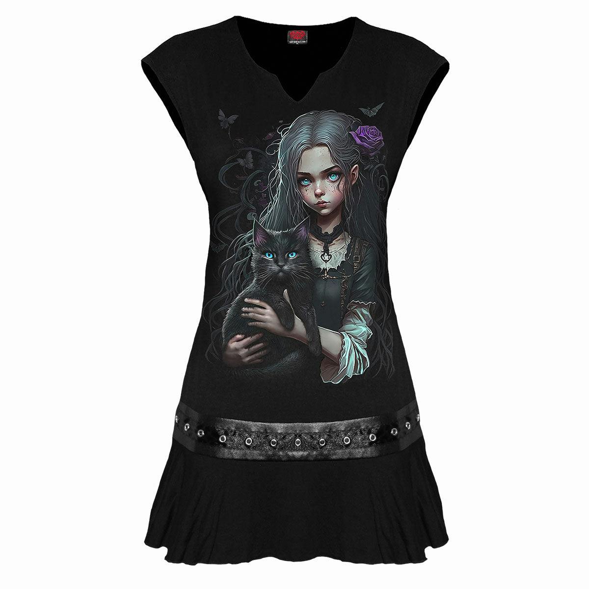 Spiral Direct Black Goth Familiar - Stud Waist Mini Dress - Xl - Digital - Digital