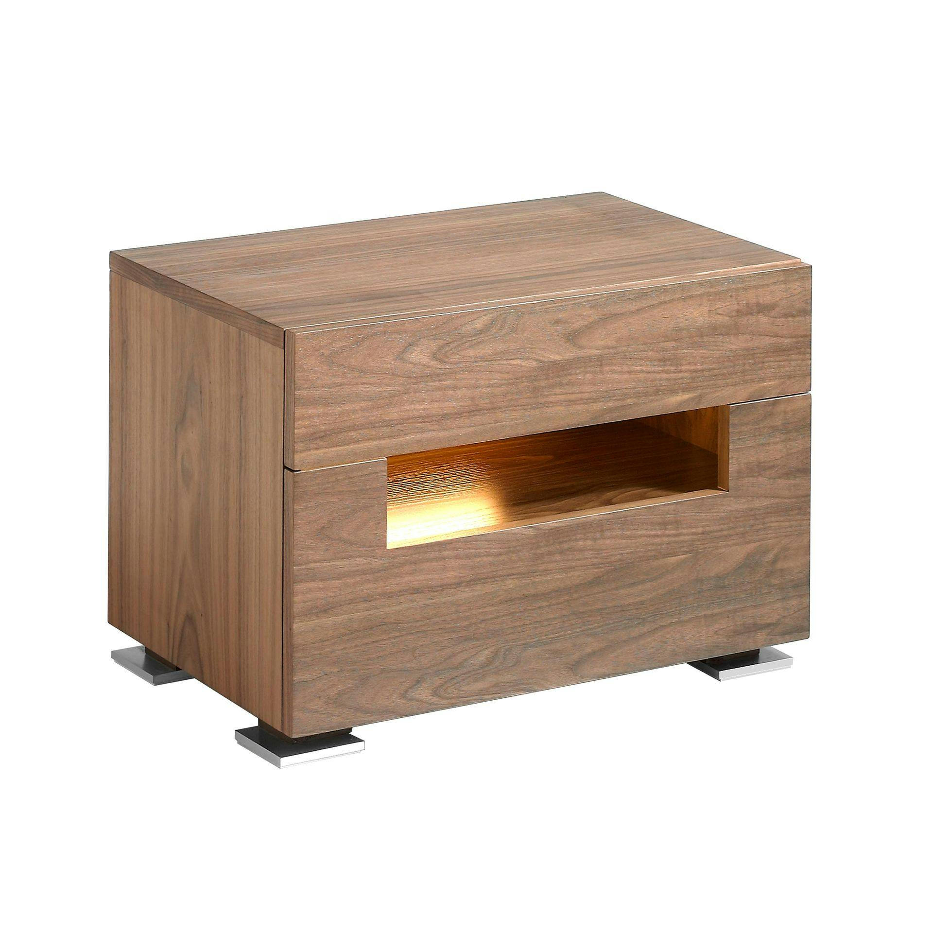 Rackhams Bedside Table Walnut And Polished Steel With Interior Lighting 7065