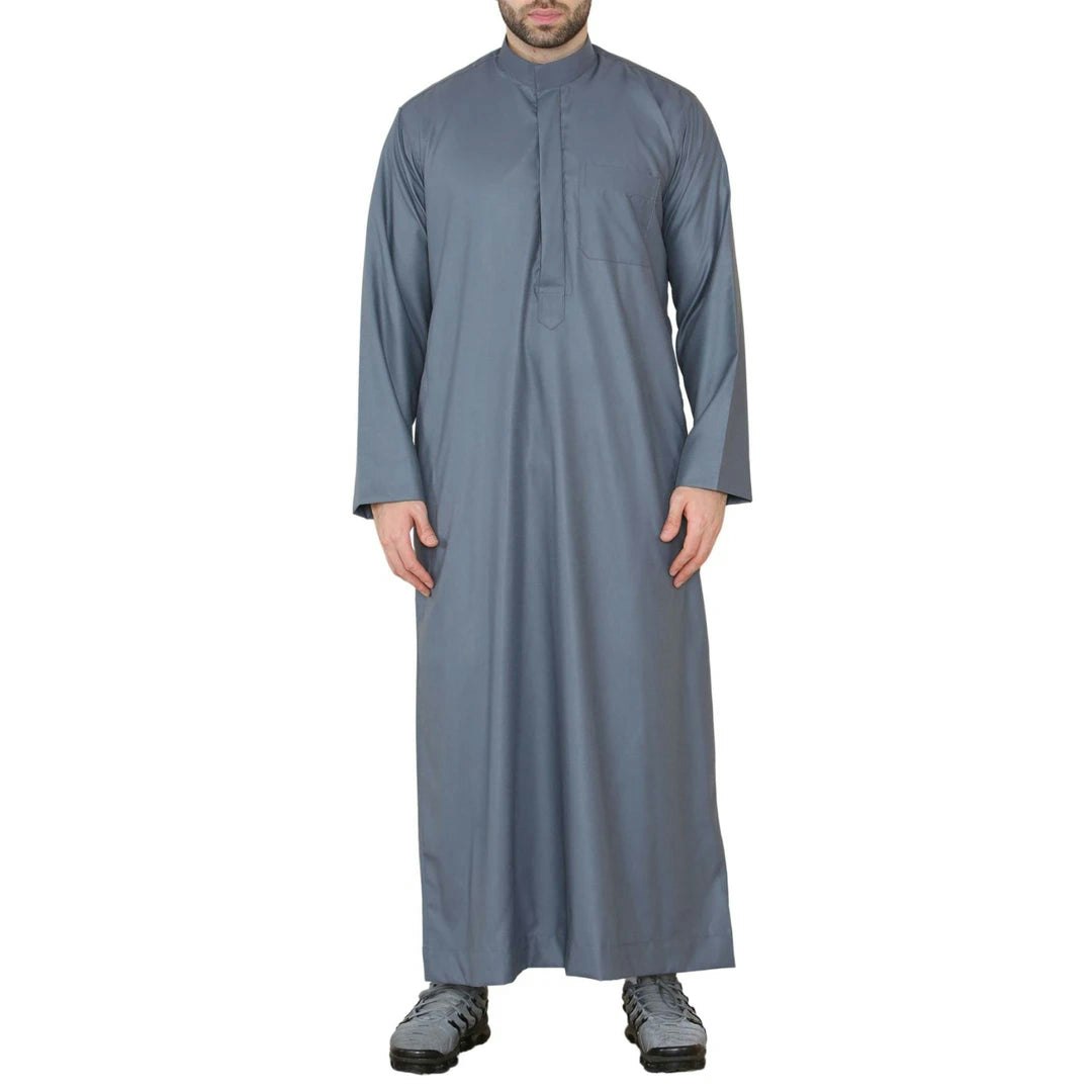 Thobez Men's Grey Thobe Jubba Nehru Stand Collar Islamic Clothing Muslim Kaftan Eid Robe Saudi - Large - Slim