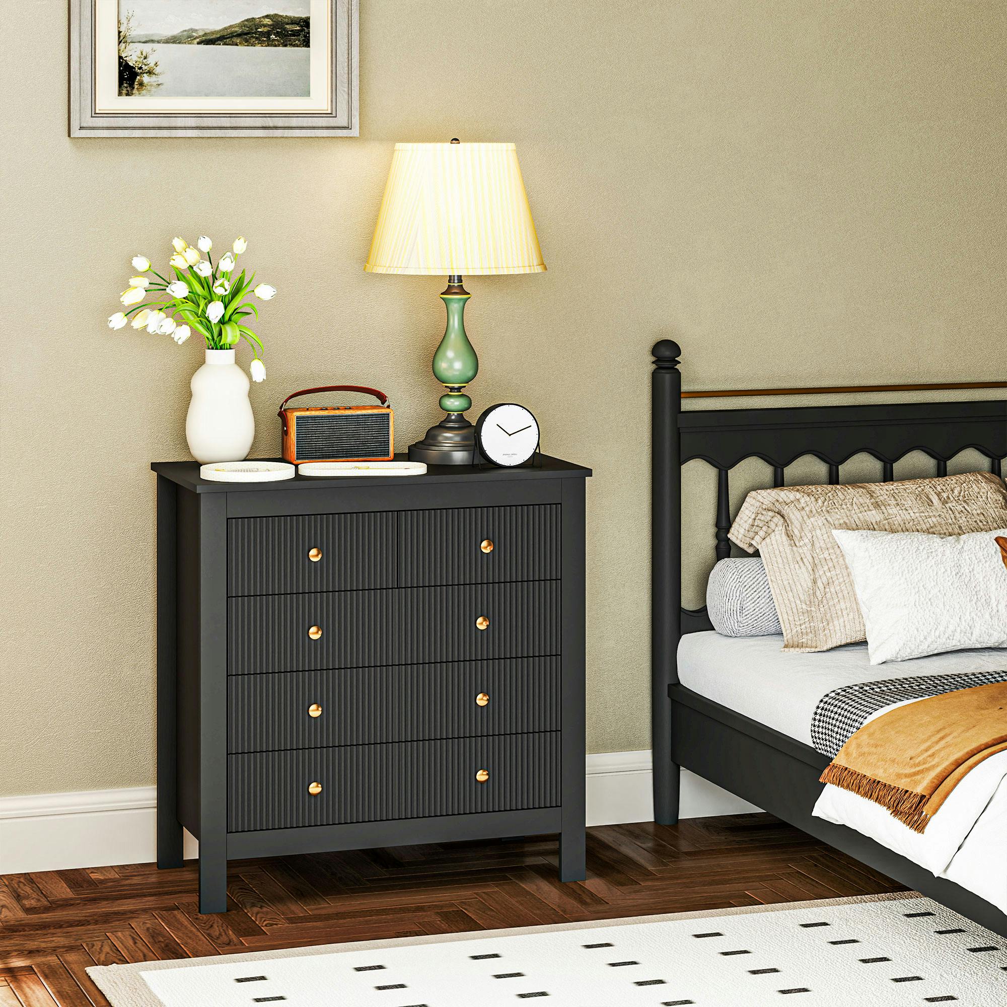 Rackhams Gold/Black Fluted Bedroom Chest Of Drawers W/ 5 Drawers Tone Handles