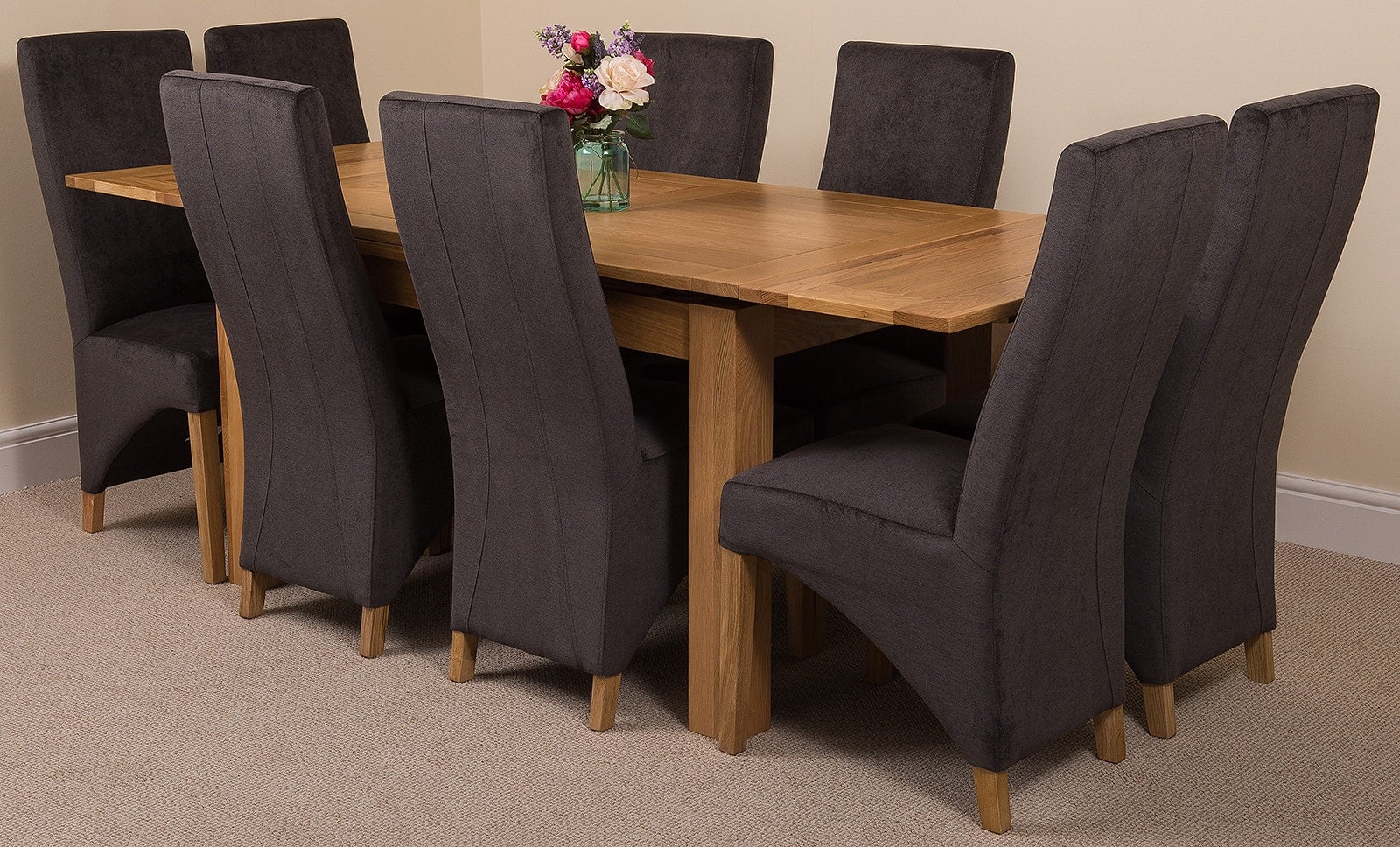 That's Furniture Black Richmond Medium Oak Extendable Dining Table With Lola Fabric Chairs - 8 Chairs