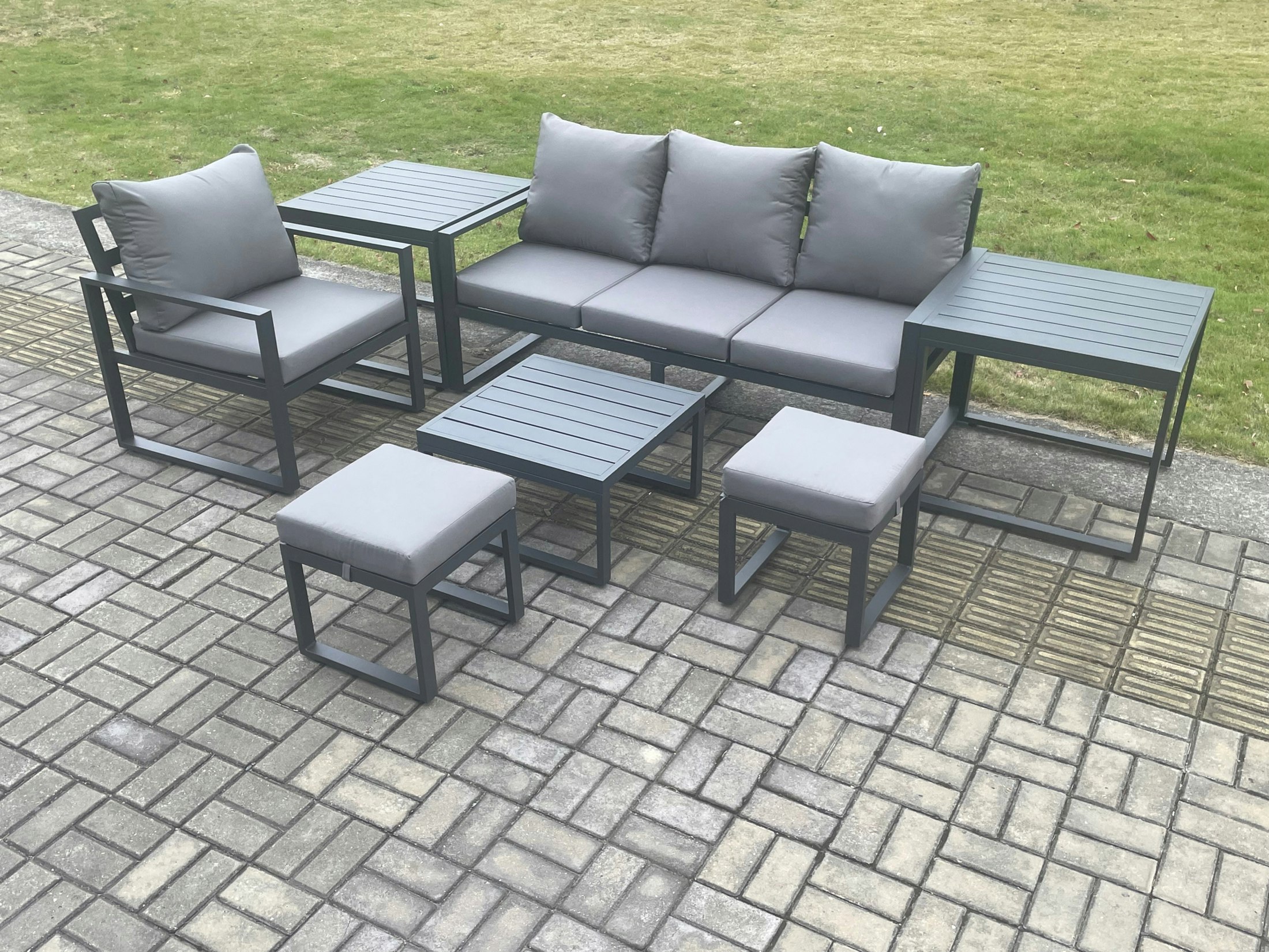 Rackhams Dark/Grey Aluminium Outdoor Garden Furniture Set Sofa Chair Set With Square Coffee Table 2 Side Tables 2 Small Footstools Conservatory Set