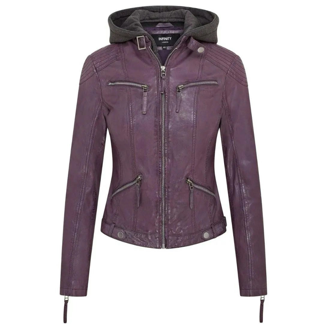 Infinity Leather Women's Purple Hooded Biker Leather Jacket - Uk 12