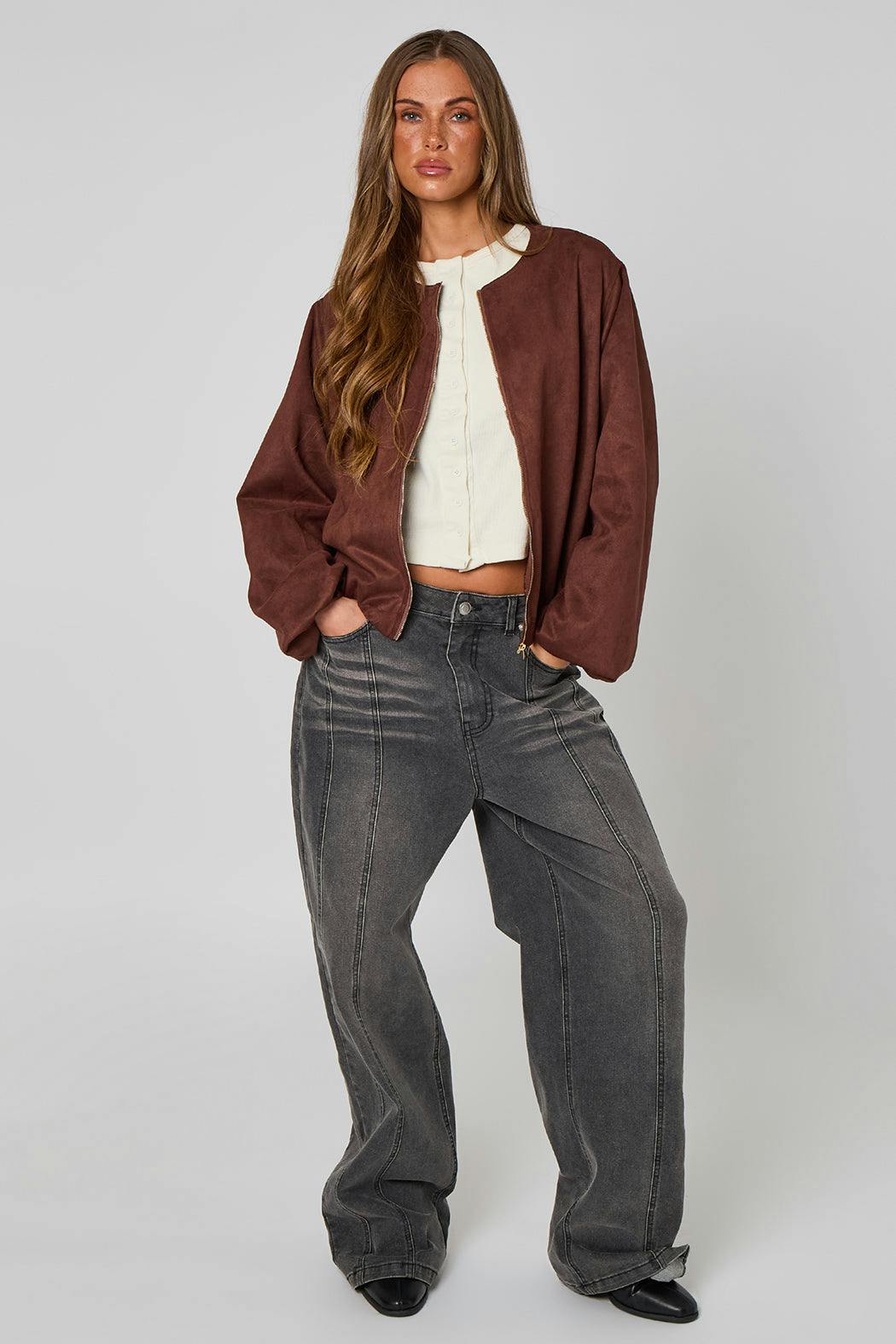 Urban Bliss Chocolate Faux Suede Bubble Hem Jacket - 16