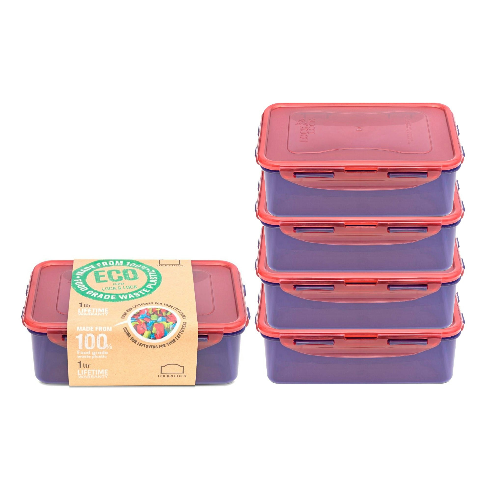 Rackhams Rectangular Eco Food Containers With Lids, 5 X 1L