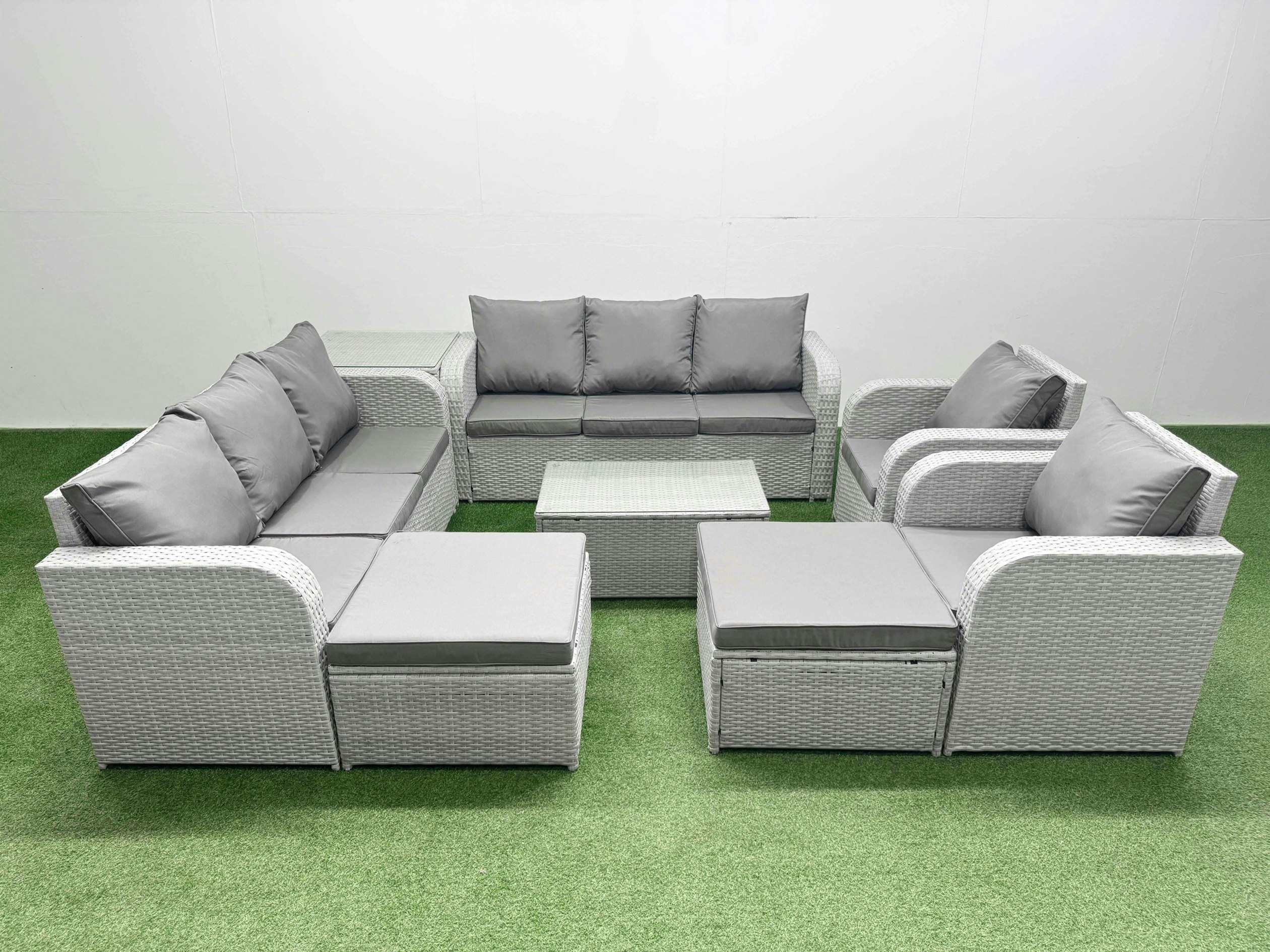 Rackhams Light/Grey Pe Rattan High Back Lounge Sofa Set Patio Coffee Table & Chairs Set With 3 Seater Sofa Reclining Chair 2 Big Footstool Side Table