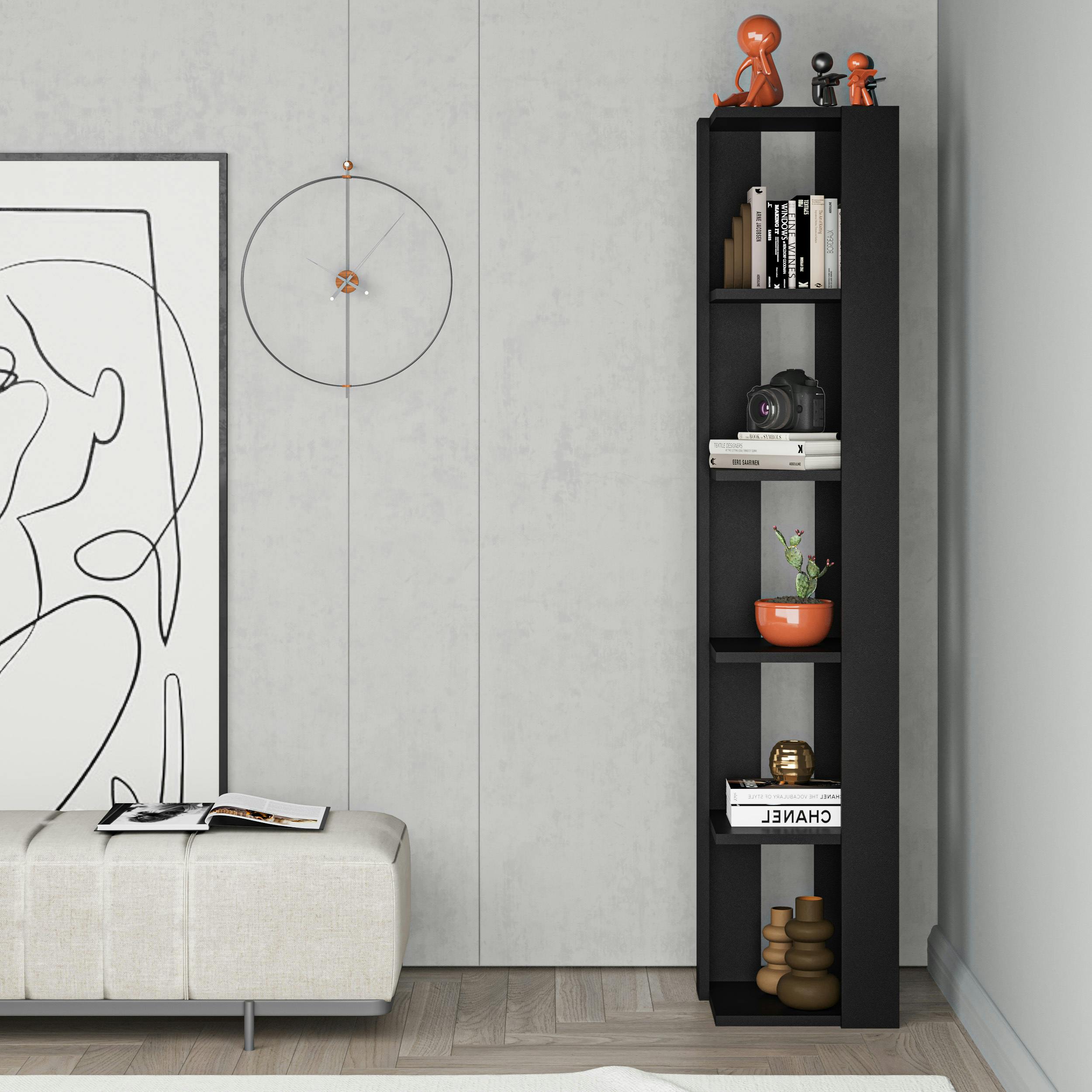 Decortie Black Nati Tall Corner Bookcase Modern Shelving Unit Space-Saving Storage 161Cm