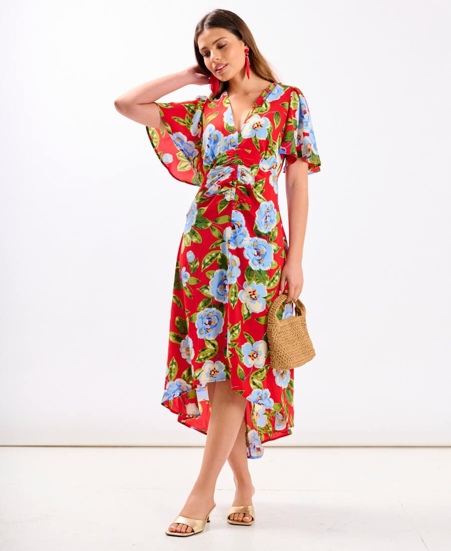 Needs No Label Red Oversize Floral Ruche Midi Dress - 8