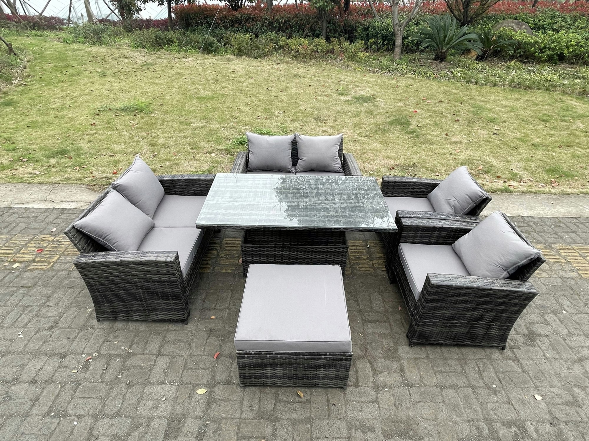 Rackhams Rattan Outdoor Furniture Adjustable Rising Lifting Rectangle Dining Table Chairs Two Seater Love Sofa Sets Big Footstools 7 Seater