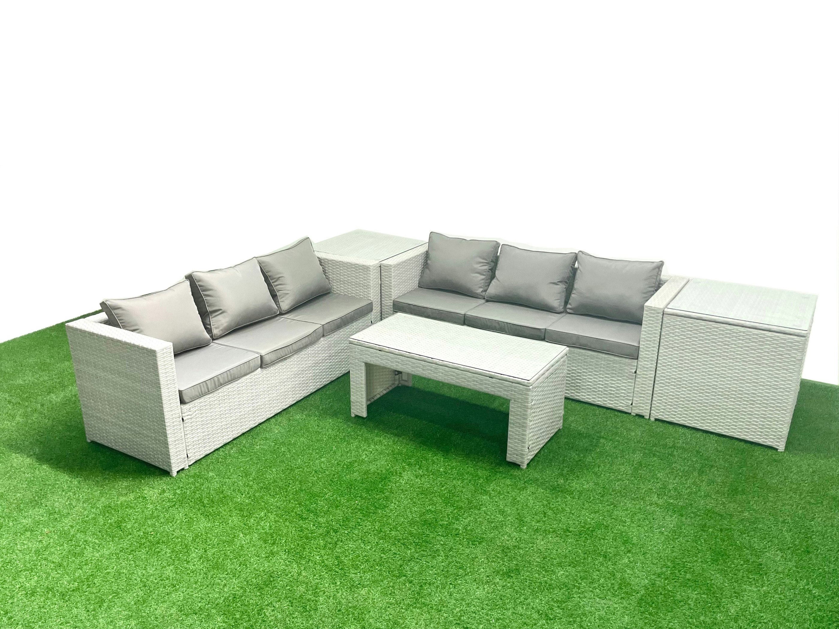 Fimous Light/Grey 6 Seater Garden Outdoor Rattan Furniture Set Rattan Garden Sofa Oblong Coffee Table With 2 Side Tables Mixed