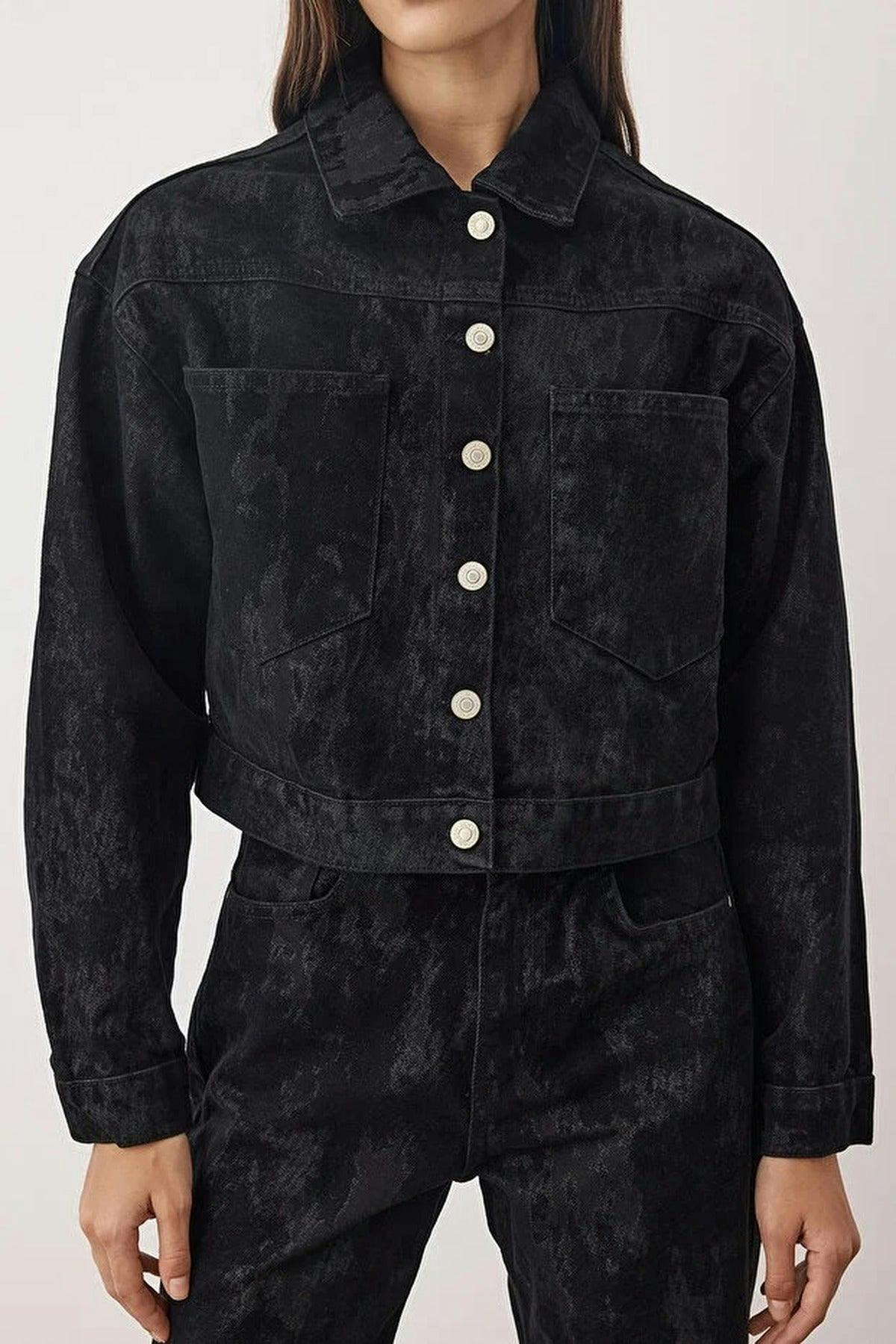 Wovcor Black Suede Look Basic Denim Jacket - Xs