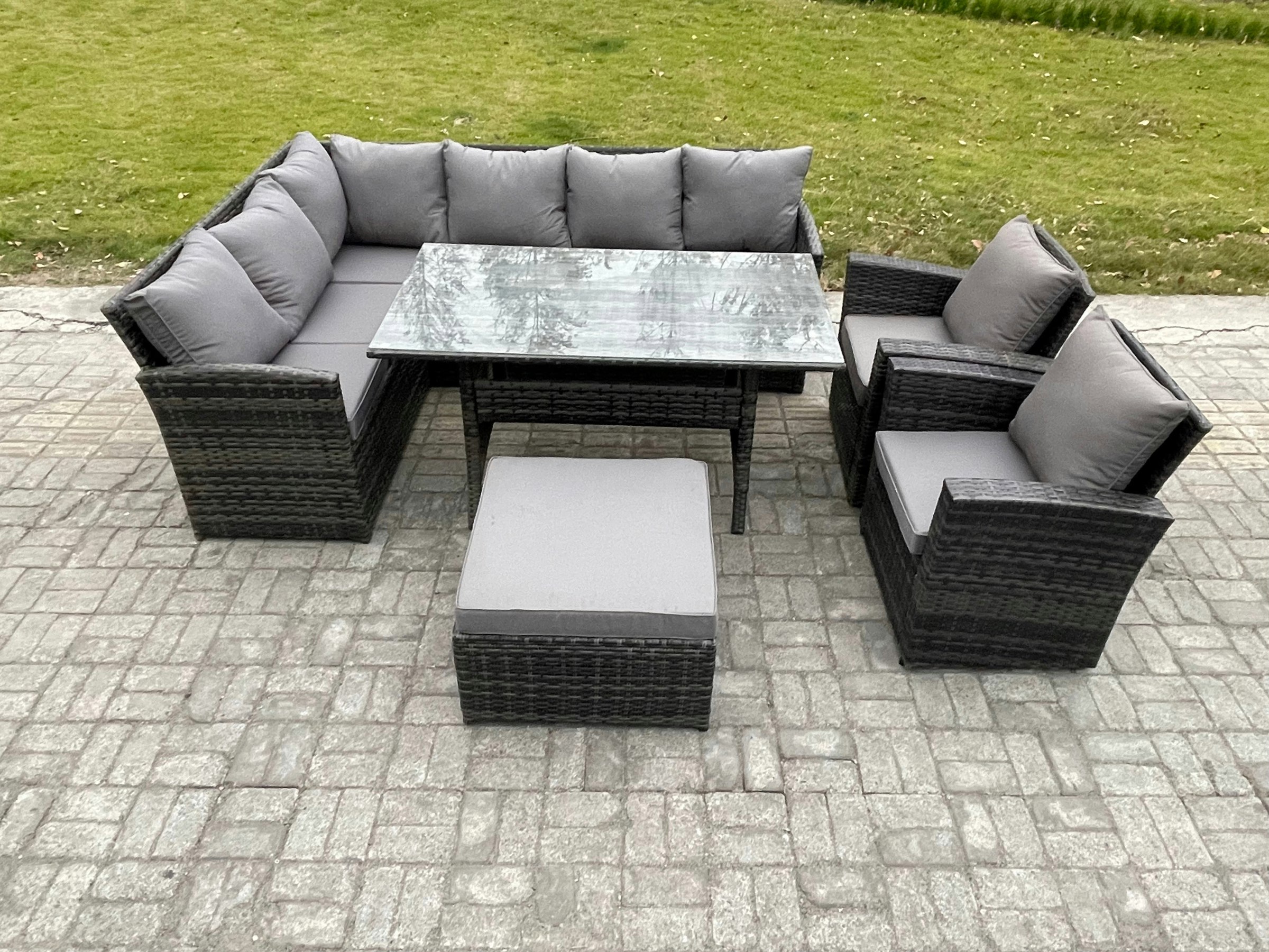 Rackhams Dark/Grey 9 Seater Mixed Rattan Outdoor Corner Sofa Set - Rectangular Dining Table, Footstool & 2 Armchairs