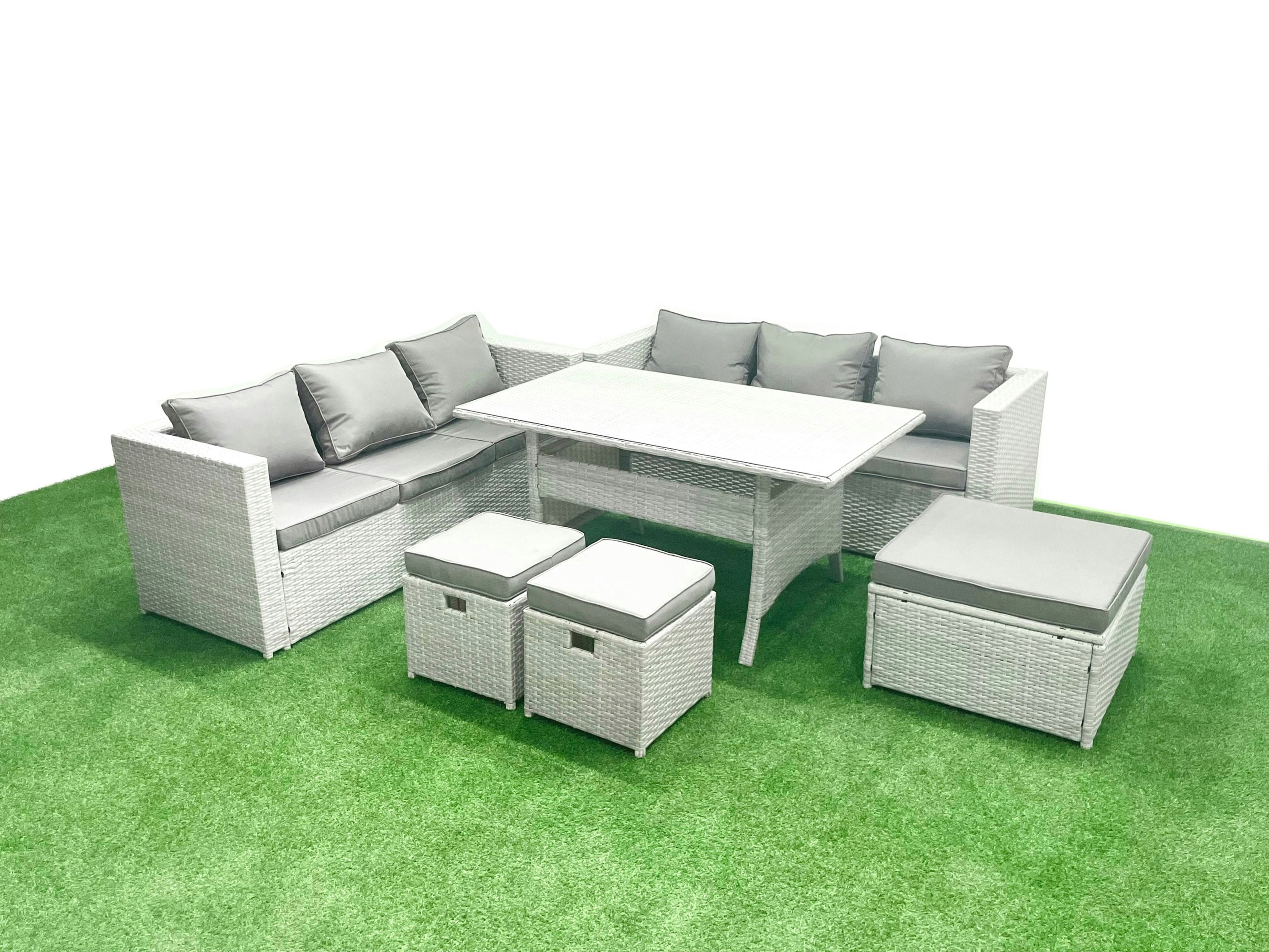 Fimous Light/Grey Rattan Garden Furniture Set Seater Outdoor Sofa Set With Dining Table 3 Footstools Mixed Size 9