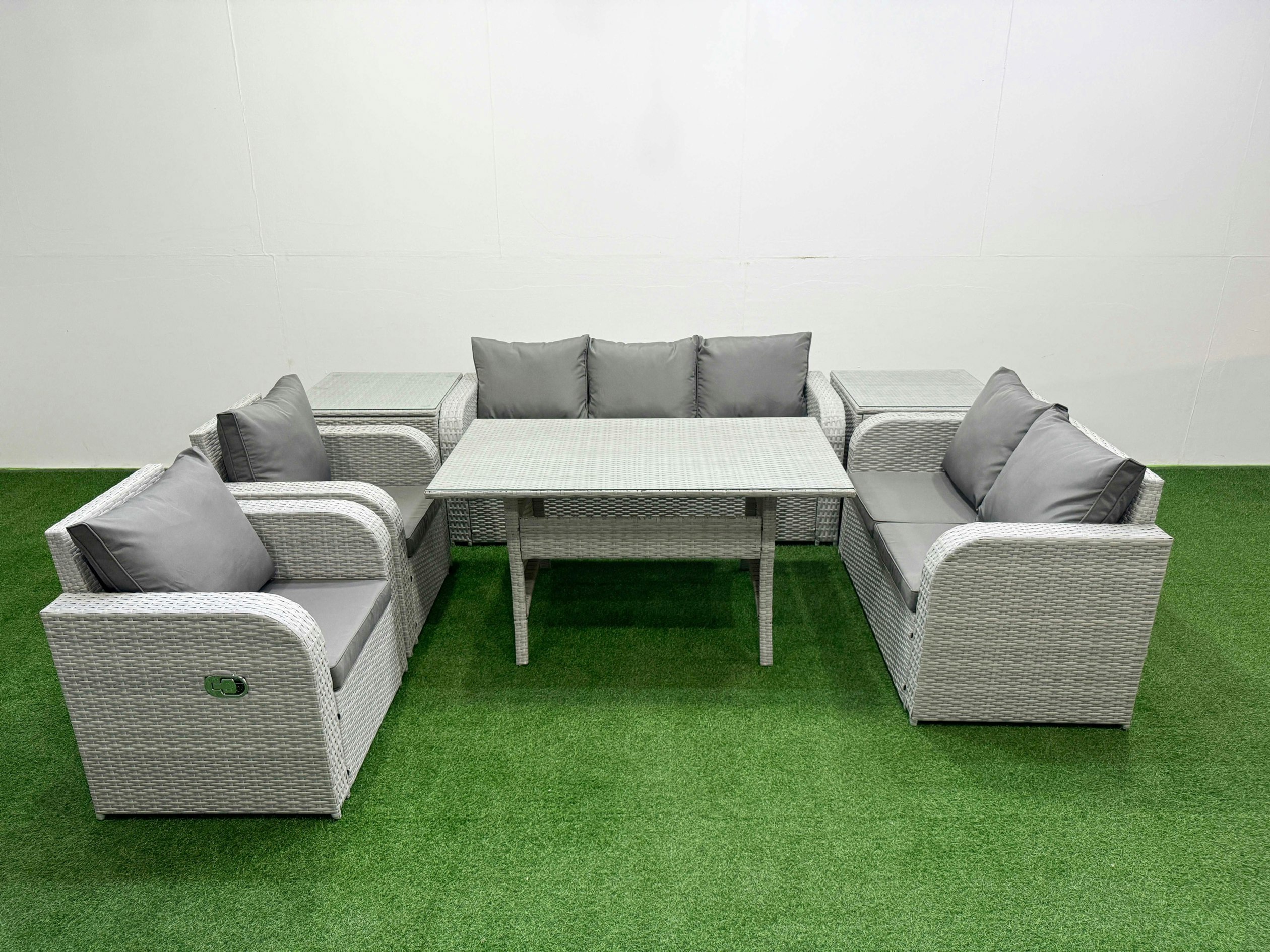 Fimous Light/Grey Pe Rattan Garden Furniture Set Reclining Chair Sofa Double Love Seat 2 Seater Sofa Lounge Set Rectangular Dining Table 2 Side Table