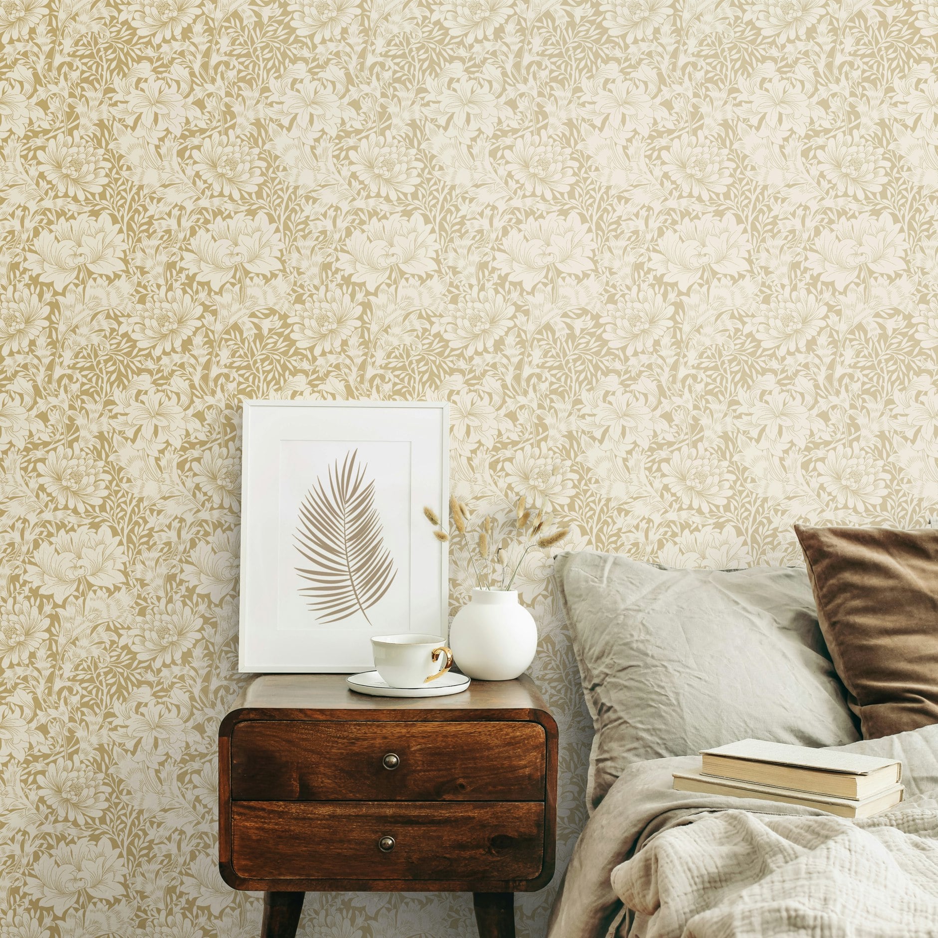 Rackhams Chrysanthemum - Flax 10M Wallpaper - Flax