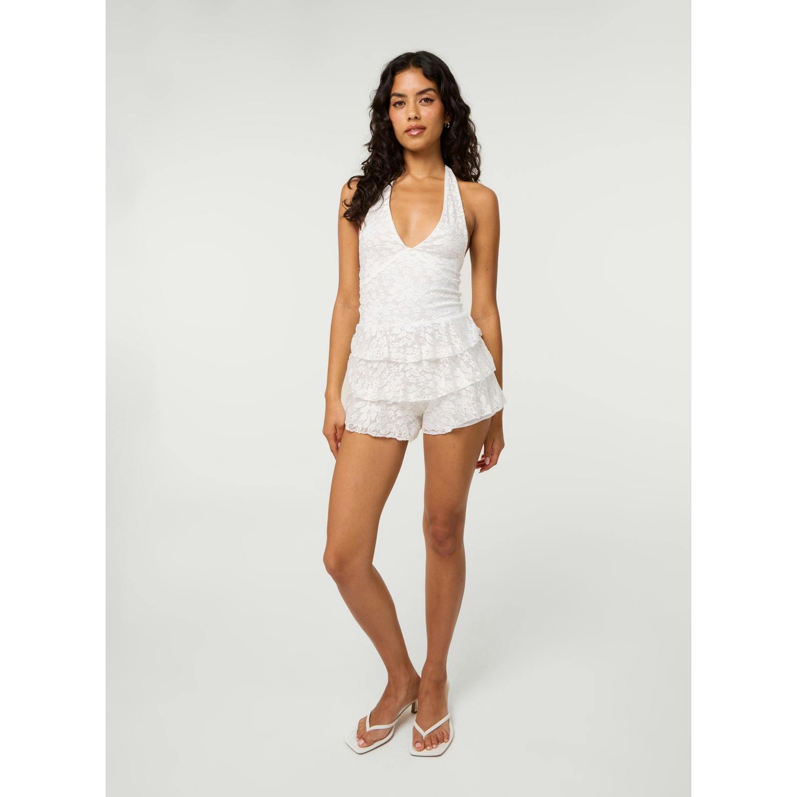 Pink Vanilla Pink/Ivory Vanilla Lace Halter Neck Tiered Playsuit - S